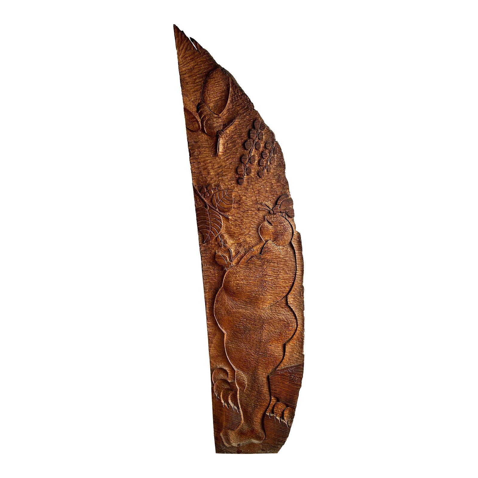 Vintage Mid Century Modernist Carved Wood Wall Sculpture Signed 'Tomer': Bring depth, texture, and whimsical elegance to your interior with this striking mid-century carved wood wall sculpture. Standing impressively at nearly 8 feet tall, this piece features intricate abst