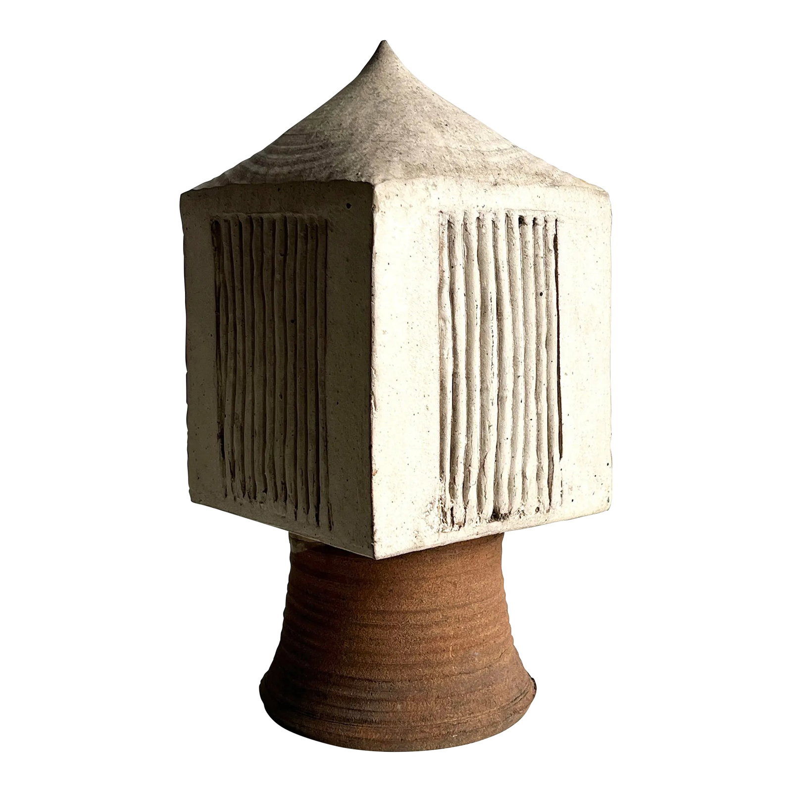Vintage Brutalist Studio Pottery Sculpture Architectural Form in Stoneware Ceramic: Striking Brutalist studio pottery sculpture with strong architectural presence. This hand crafted form features deeply incised vertical lines on each facade and a pyramidal top, rising from a thrown
