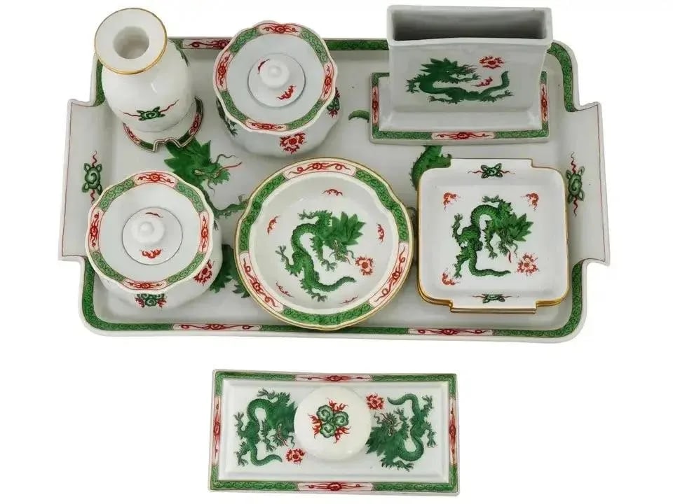 Mid 20th Century Meissen Porzellan Green Ming Dragon Porcelain Writing Set - 9 Pieces - 3