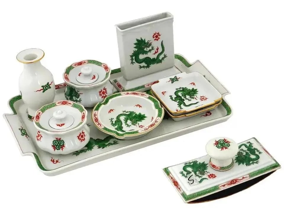 Mid 20th Century Meissen Porzellan Green Ming Dragon Porcelain Writing Set - 9 Pieces - 4