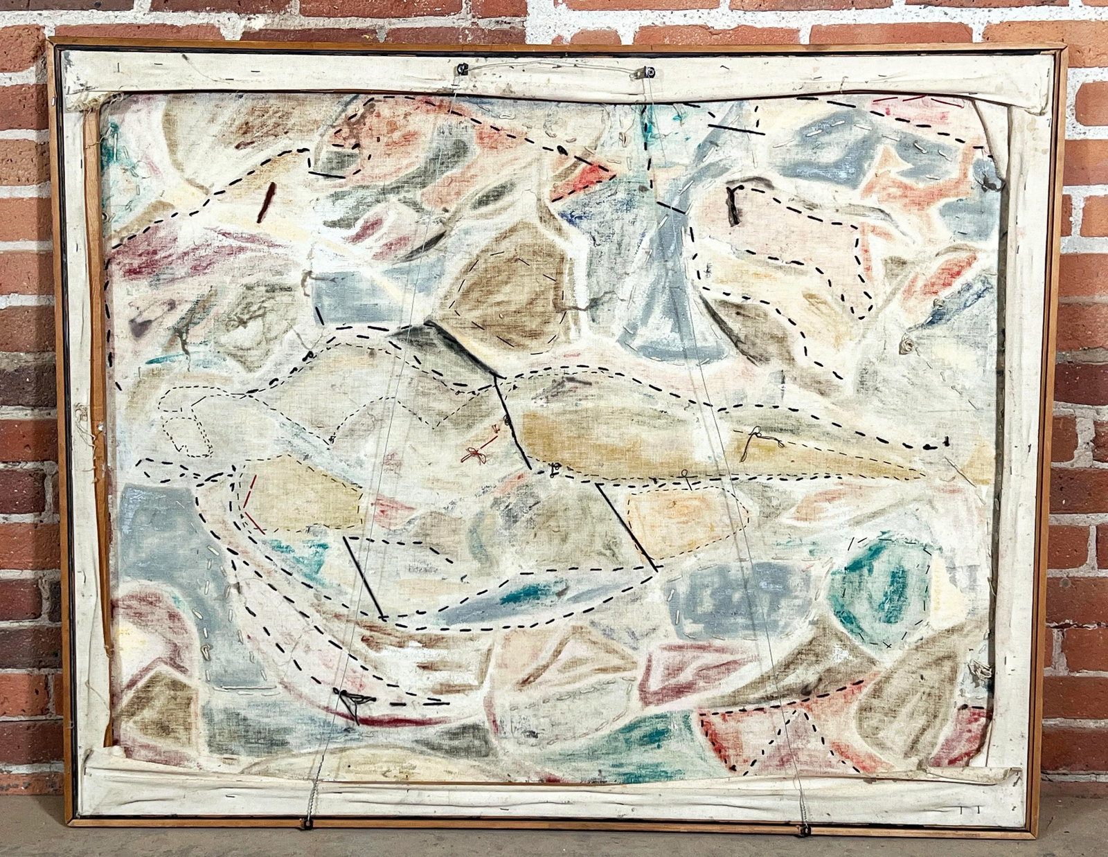 Vintage Mid Century Abstract Expressionist Painting With Mixed Media Stitching - 11