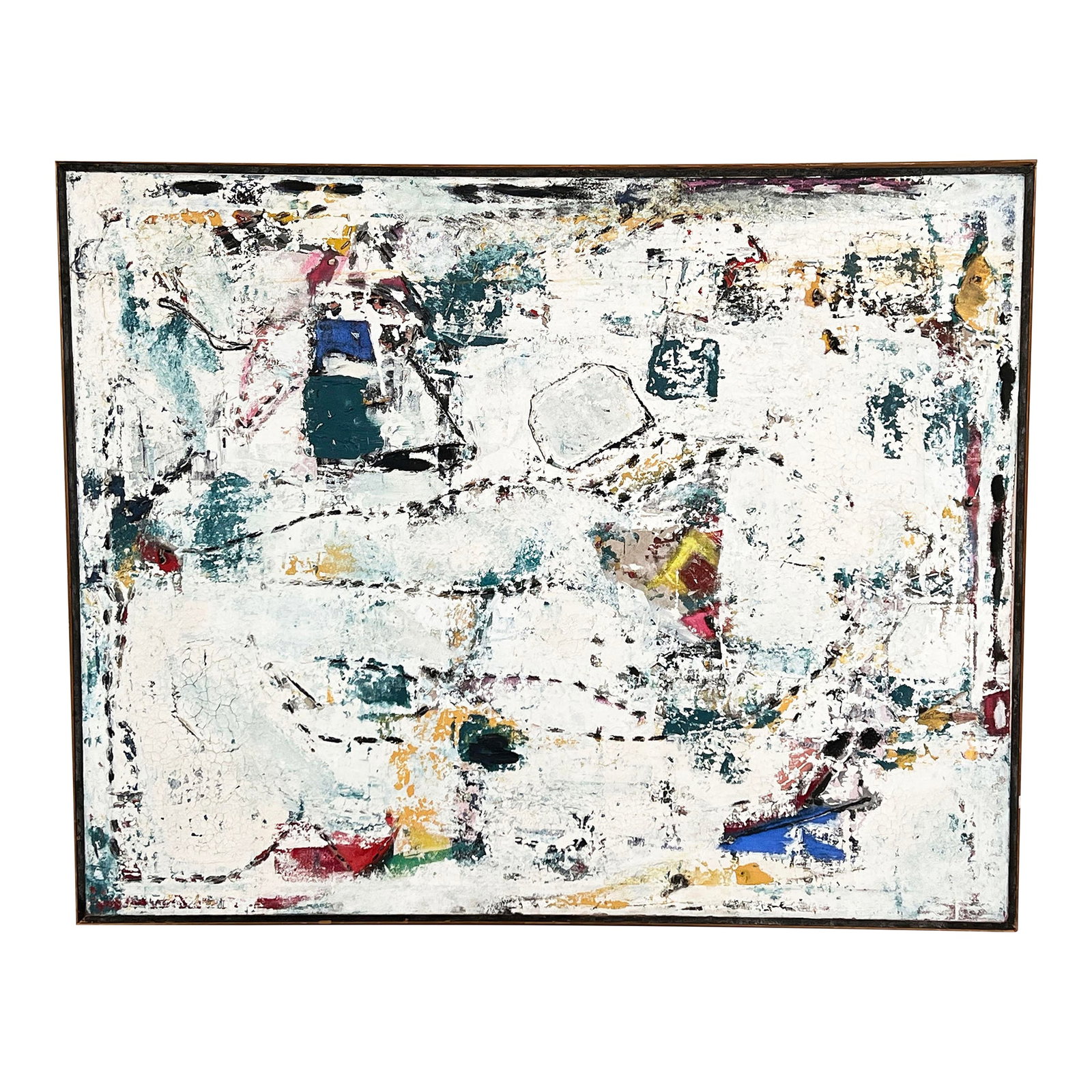 Vintage Mid Century Abstract Expressionist Painting With Mixed Media Stitching: A striking and highly textural large-scale abstract painting, combining elements of Abstract Expressionism with mixed media stitching. Executed on canvas in heavy layers of white and muted tones, the 