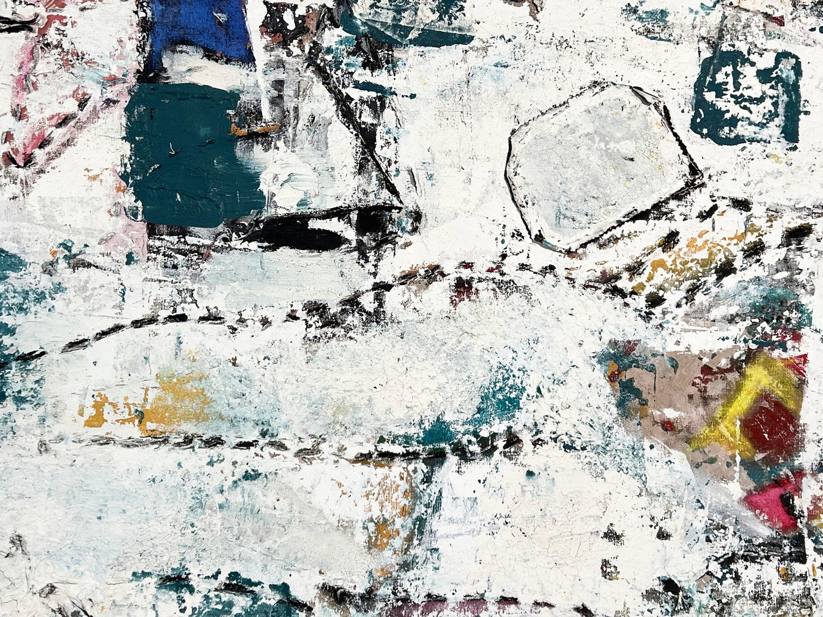 Vintage Mid Century Abstract Expressionist Painting With Mixed Media Stitching - 3