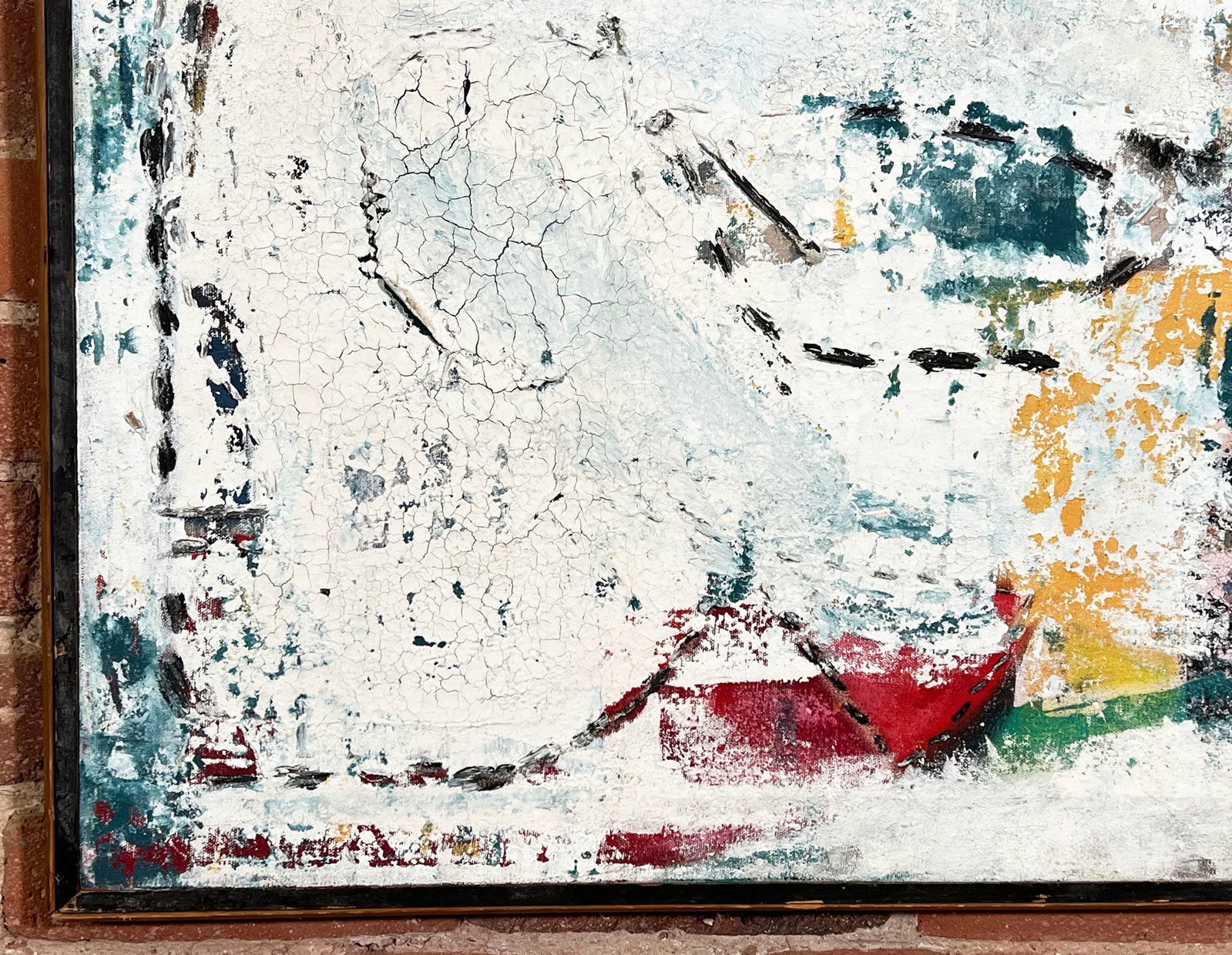 Vintage Mid Century Abstract Expressionist Painting With Mixed Media Stitching - 4