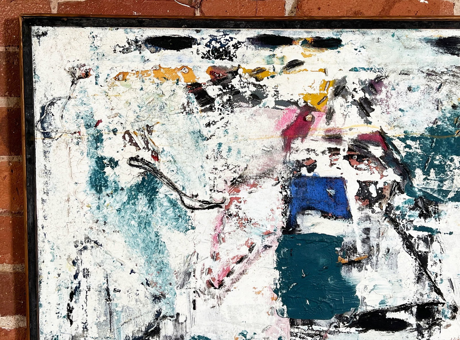 Vintage Mid Century Abstract Expressionist Painting With Mixed Media Stitching - 6
