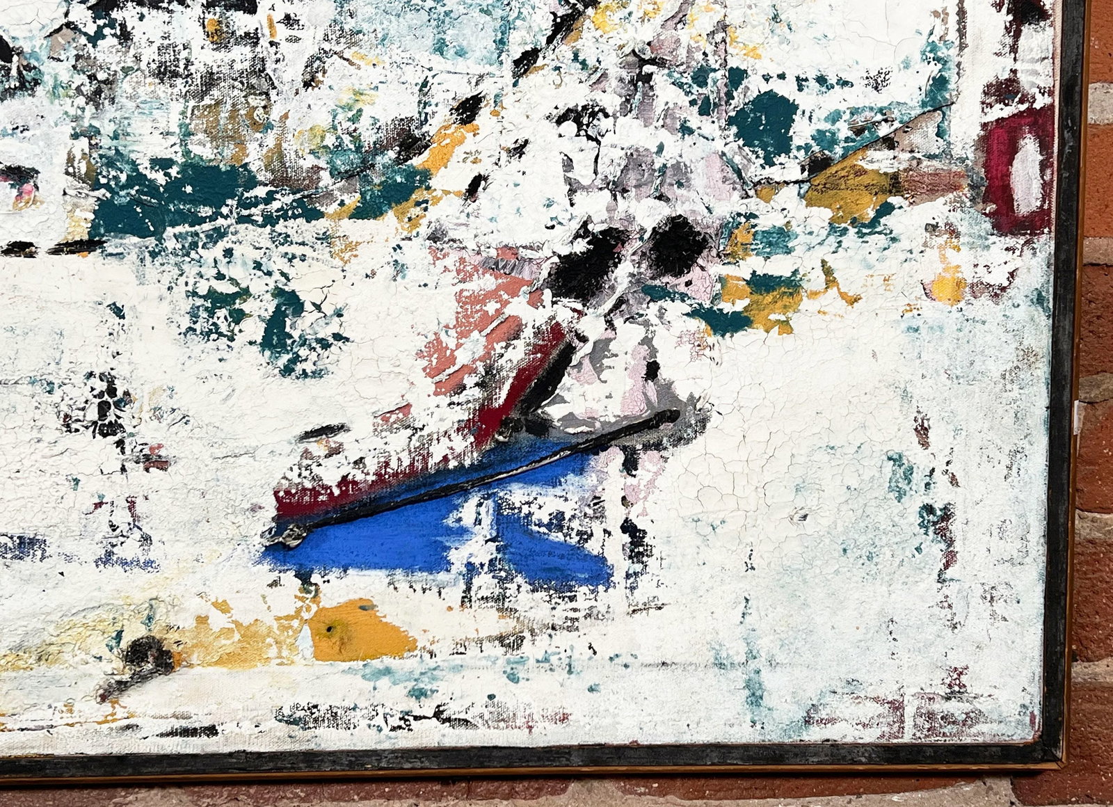 Vintage Mid Century Abstract Expressionist Painting With Mixed Media Stitching - 8