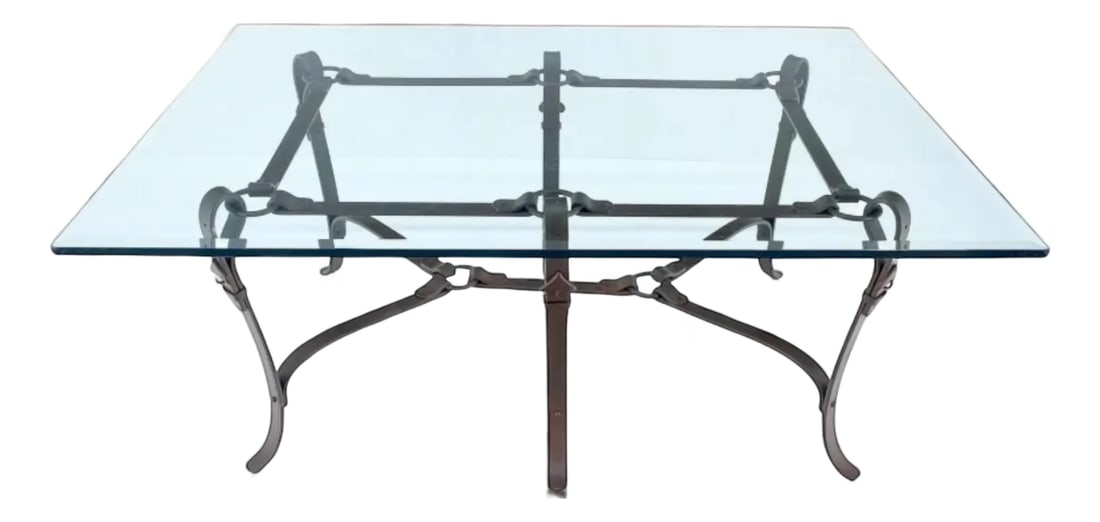Hermes Style Equestrian Sculptural Forged Iron Side Table 1980's: Hermes Style Equestrian Sculptural forged iron side table . Crafted with an iron base sculpted straps & horse bits with detailed stitching and glass top . France 1980 Condition: Alterations: Original