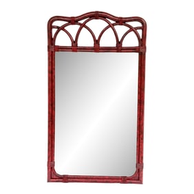 Vintage Palm Beach Regency Vermillion Red Faux Tortoiseshell Bamboo Rattan Arched Wall Mirror - Newl
