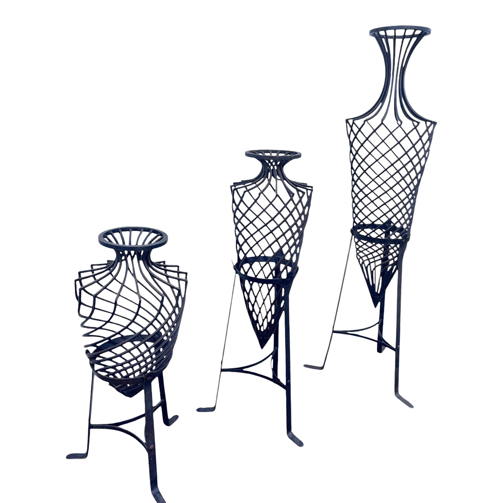 1980s Hand-Forged Wrought Iron Torpedo Urns- Set of 3: 3 - Gorgeous hand, forged wrought iron Torpedo Urns / sculptural vases on metal stands. Beautifully sculpted, ready for home or office. Condition: Alterations: Original Condition Unaltered Imperfectio
