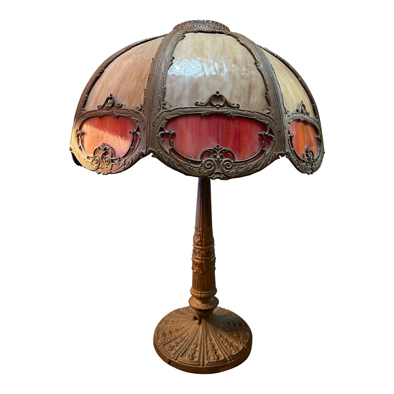 Late 1800s 8 Panel Bent Caramel and Red /Orange Slag Glass Table Lamp (1 of 12)