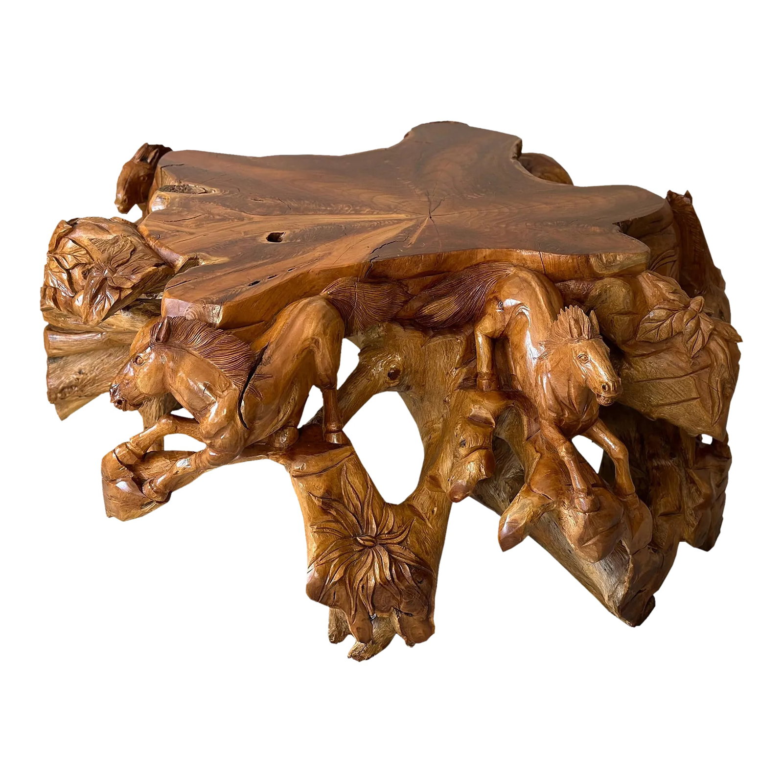 1990s Hand Carved Horse Boho Equestrian Wood Teak Root Coffee Table: This exquisite hand-carved coffee table will make a statement in your home. Hand-carved from the roots of a teak tree, this stunning piece of furniture features galloping horses, florals and