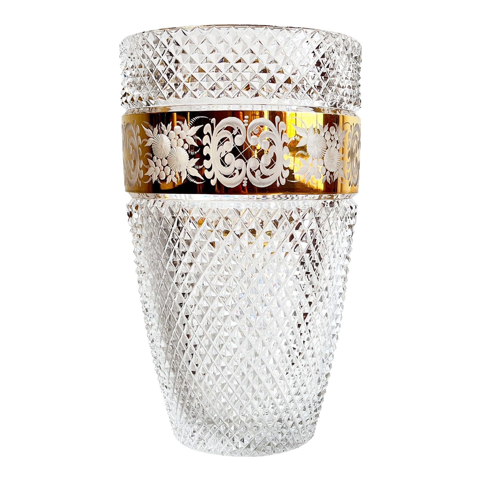 Vintage Moser Cut Crystal Czech Bohemian Vase With Gilded Floral Band: This brilliantly cut crystal vase from Bohemia features a striking wide gilt band etched with delicate florals and scrollwork, offering a luxurious balance of detail and clarity. The precision of the