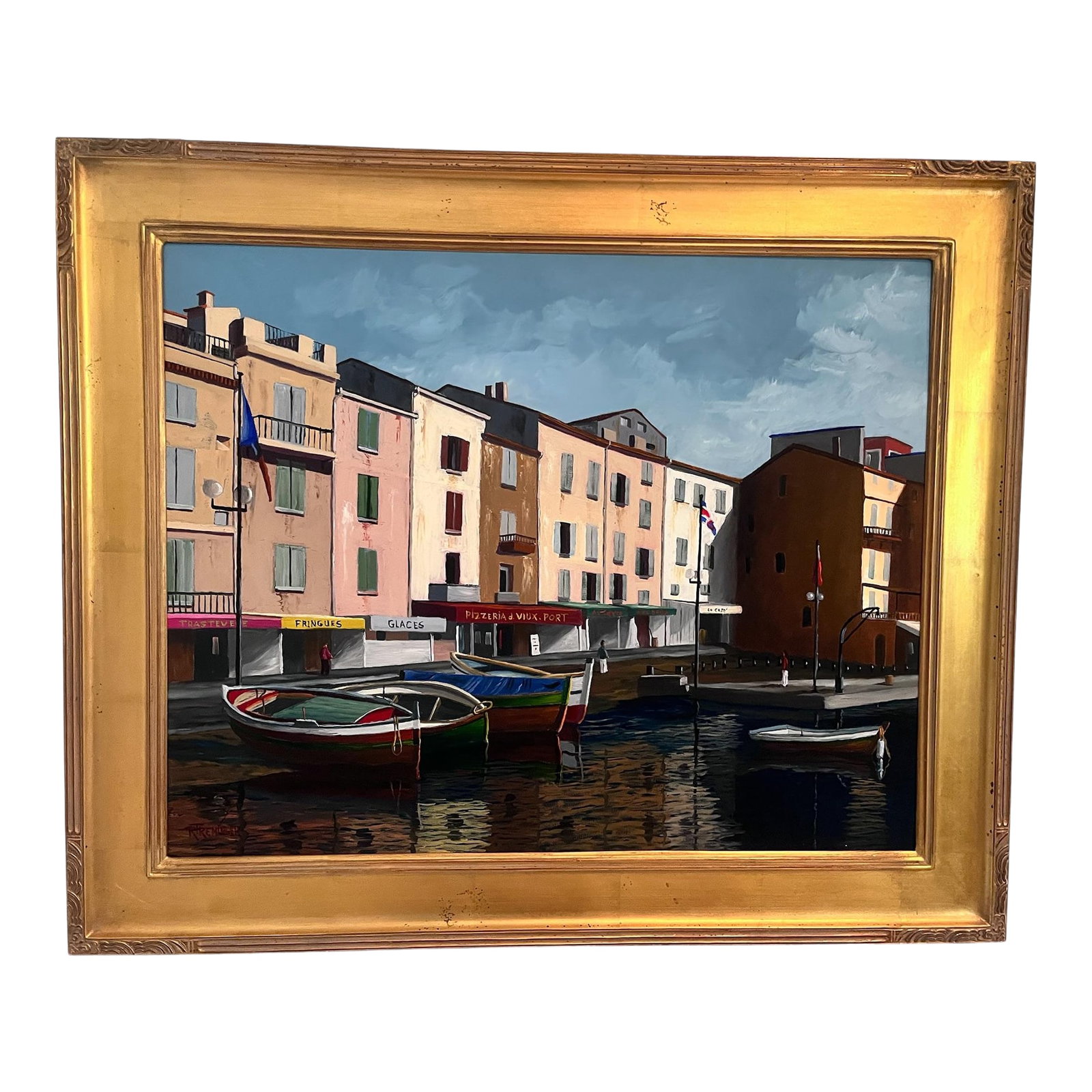 1980s Oil on Canvas by Richard T. Reminger . "St. Tropez " Signed and Framed.: Oil Painting on canvas by Richard T. Reminger Titled " ST. TROPEZ " It is signed and framed. The frame is 36.50" Wide x 30.75" High. Painting is 30" Wide x 24" High. A Reininger's paintings have been