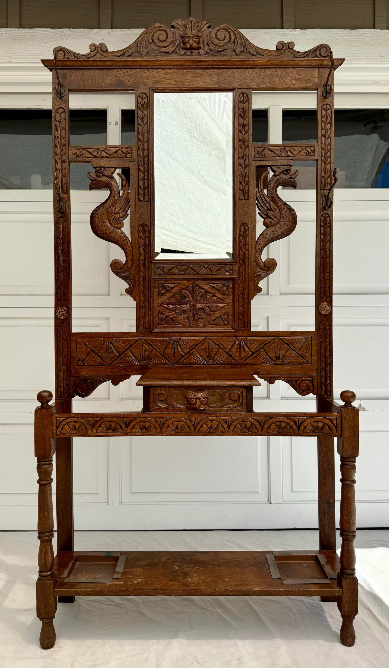 Mid 20th C. Hand-Carved Halltree Entry Organizer With Mirror and Hooks - 2
