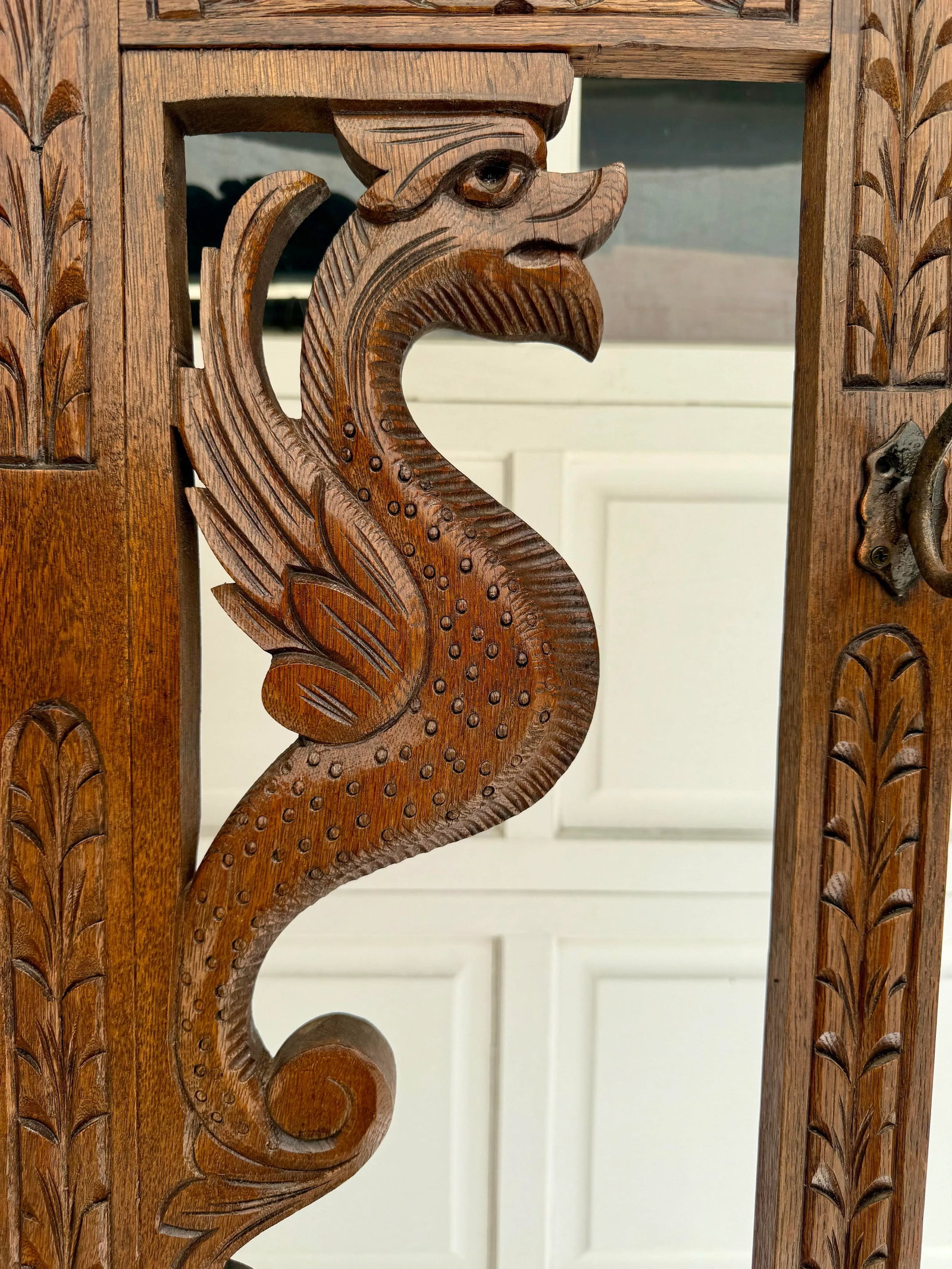 Mid 20th C. Hand-Carved Halltree Entry Organizer With Mirror and Hooks - 3