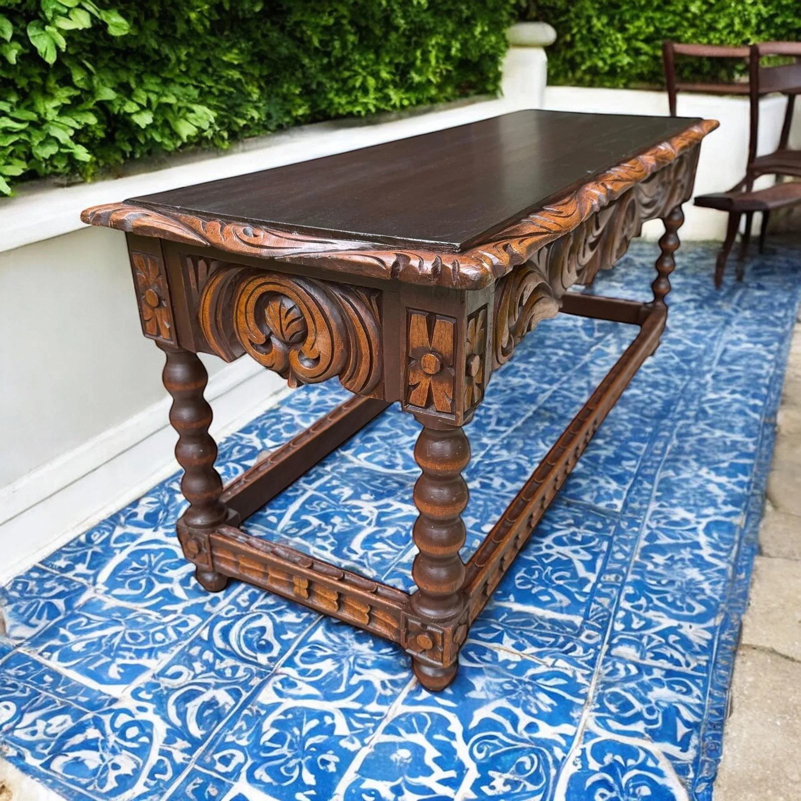 Spanish Baroque Carved Wood Arts & Crafts Hall Bench Seat - 4