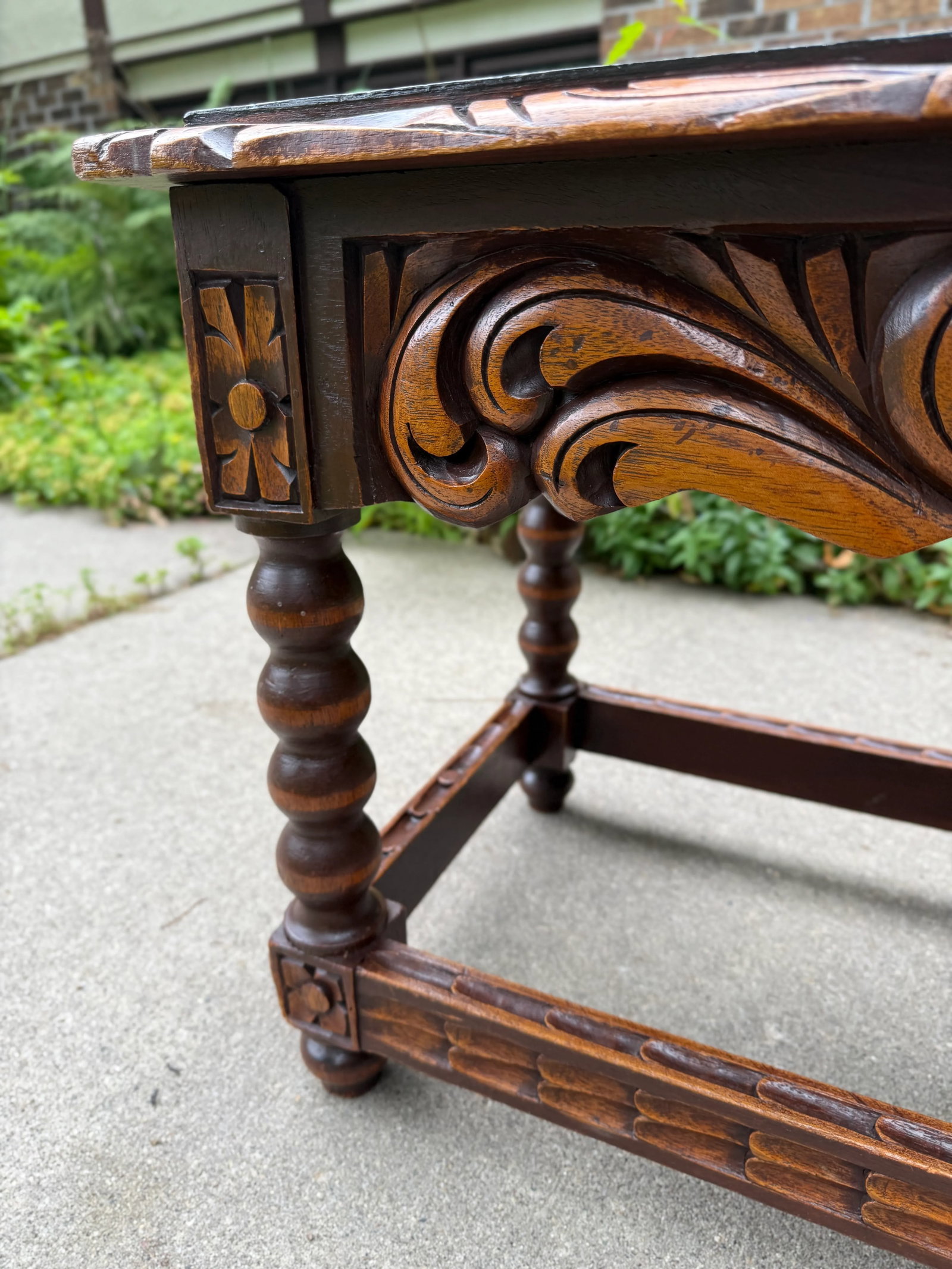 Spanish Baroque Carved Wood Arts & Crafts Hall Bench Seat - 8