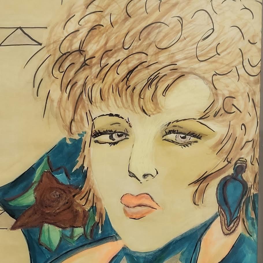 Original Watercolor Exotic Pop Star Woman - Artist Signed "Patricia" - Manner of Patrick Nagel - 2