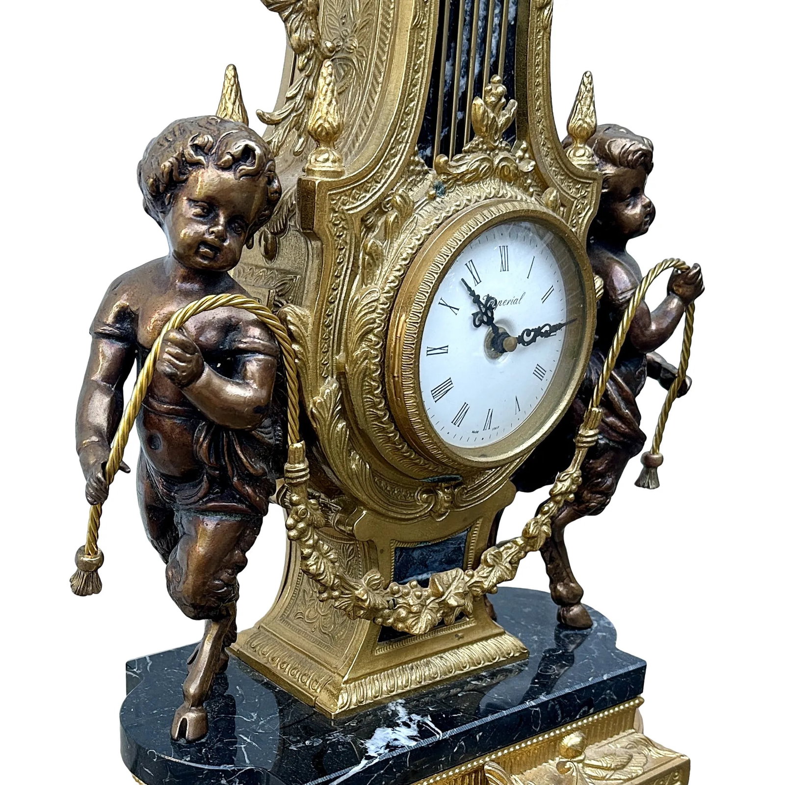 Vintage Italian Gilt Bronze & Marble Rococo Lyre Clock With Faun Figurals - 3