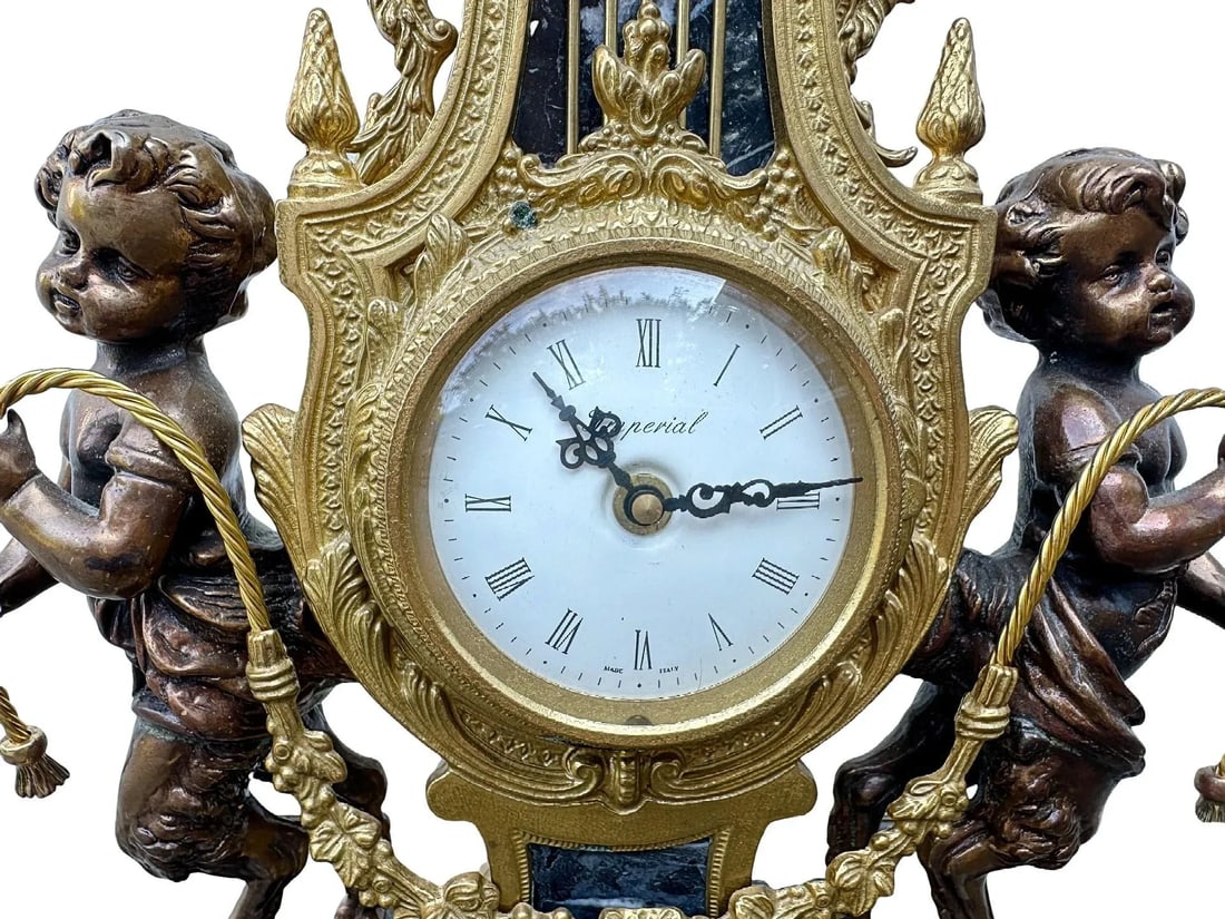 Vintage Italian Gilt Bronze & Marble Rococo Lyre Clock With Faun Figurals - 4