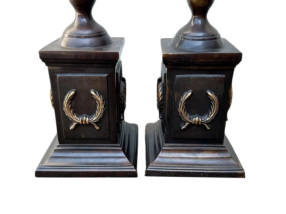 Pair of Mid 20th Century French Patinated Bronze Laurel Wreath Spire Obelisks - 5