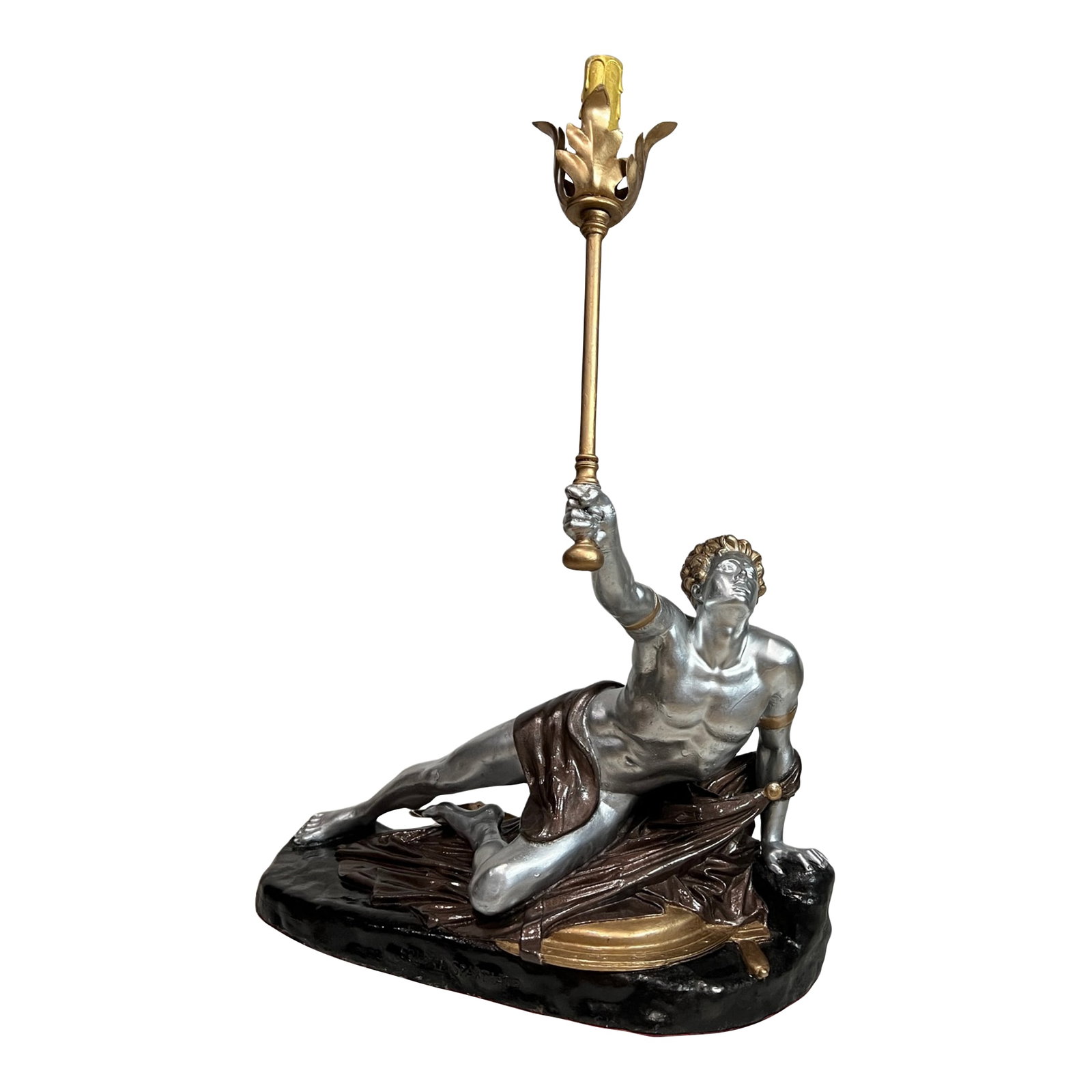 Antique Bradley & Hubbard 1880's "Soldat Spartiate" Sculptural Table Lamp: Crafted in the 1880s by the renowned Bradley & Hubbard Manufacturing Company, Soldate Spartiate was originally designed as a kerosene lamp but is now electrified for modern use. This sculptural lamp