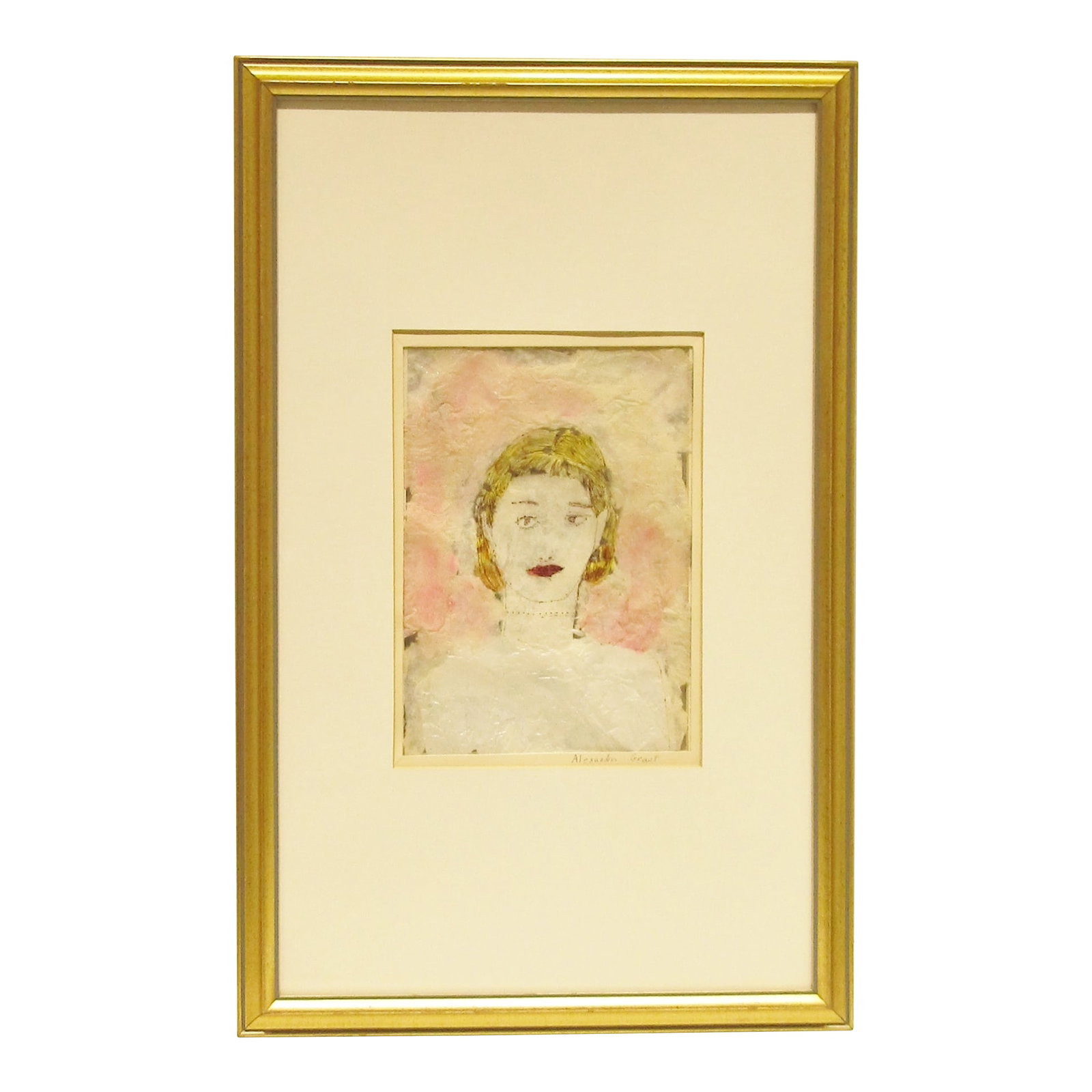 Rare Mixed Media Portrait Painting Attributed to Alexandra Grant and Signed: This rare mixed media portrait painting attributed to Alexandra Grant is a unique and captivating piece of art. The collage style artwork features a medium-sized figure in an expressionistic style, cr