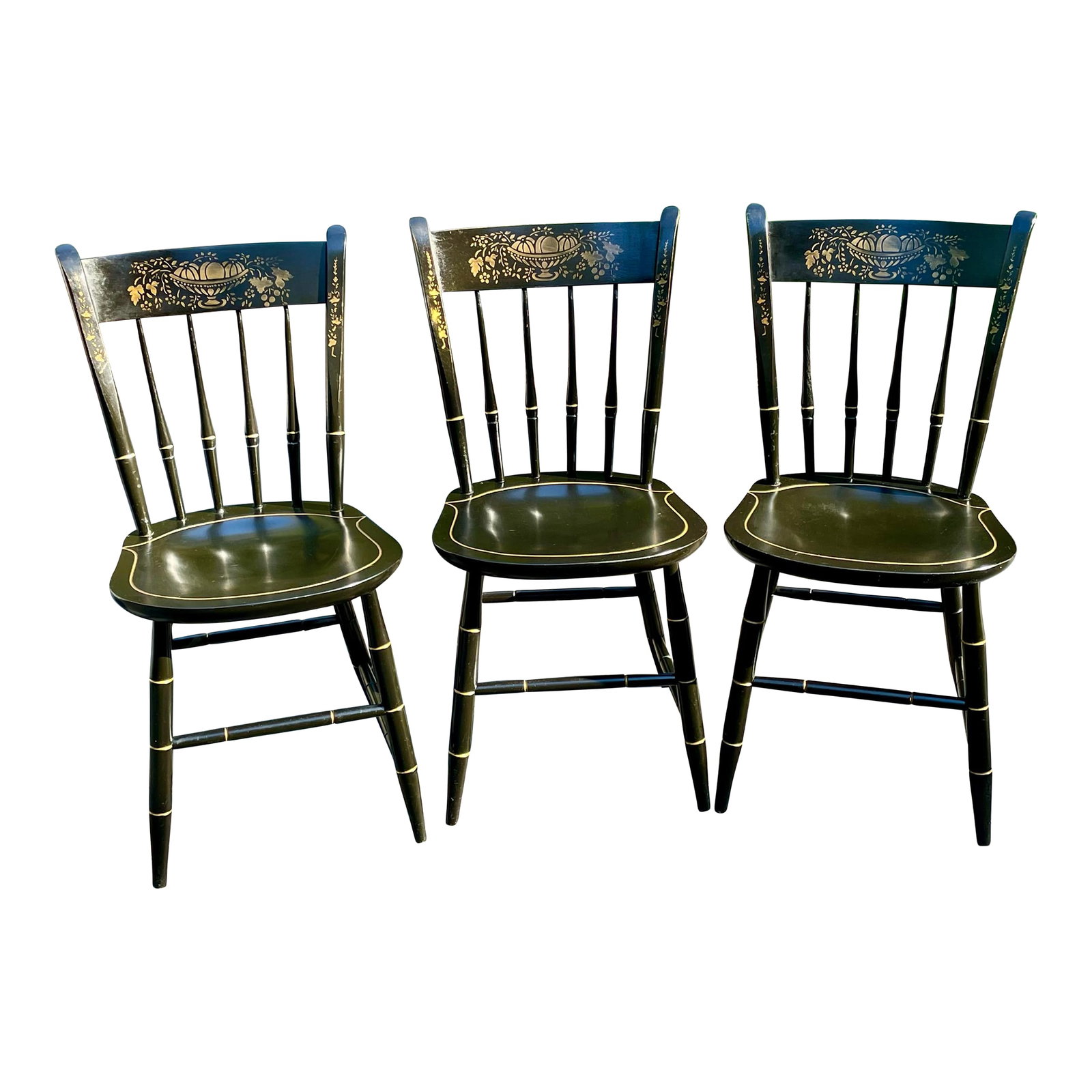 Late 20th Century Nichols and Stone Ebonized Hitchcock Style Chairs: Offered are a set of three Nichols & Stone Hitchcock-style ebonized stenciled chairs. Nichols & Stone was a furniture manufacturer known for its high-quality, solid wood furniture, particularly its Wi