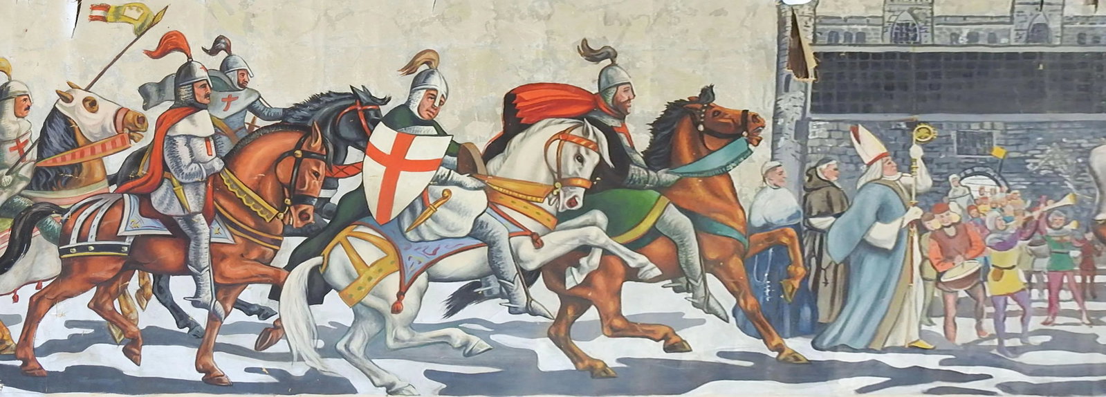 Vintage Mid Century Knights & Horses Procession Mural Painting: Vintage oil on canvas painting of a procession of knights on horseback by Geneva Flores Hart Fell (1906 - 2008) Texas. Colorful painting with metallic silver background on flat canvas. Likely for