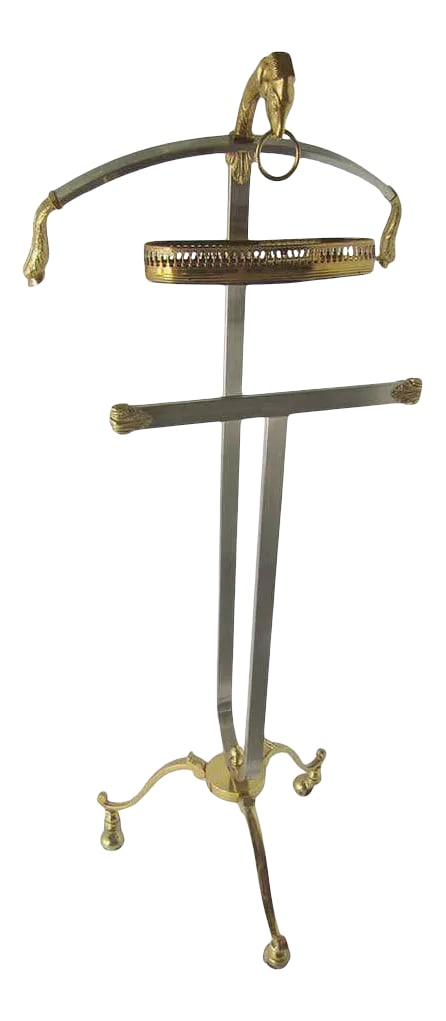 Maison Jansen Steel and Brass Gentleman Valet, Made in Italy: Stylish and elegant Maison Jansen steel and brass gentleman valet, made in Italy. Maison Jansen (French, founded 1880) Ram's head valet, circa 1960. Elegant masculine brushed stainless steel and
