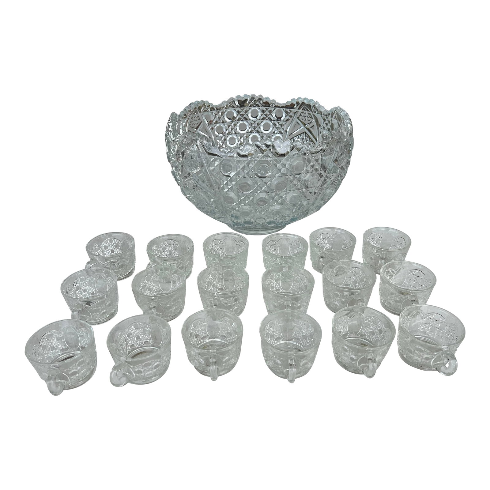 Vintage Heavy Glass Daisy & Button Punch Bowl Pattern Set With 18 Cups by Le Smith: This set consists of one Large , L.E Smith "Daisy and Button" pattern Punch Bowl with 18 matching cups. All pieces are in wonderful condition. No damage. The punch bowl is thick, heavy, glass. Daisy
