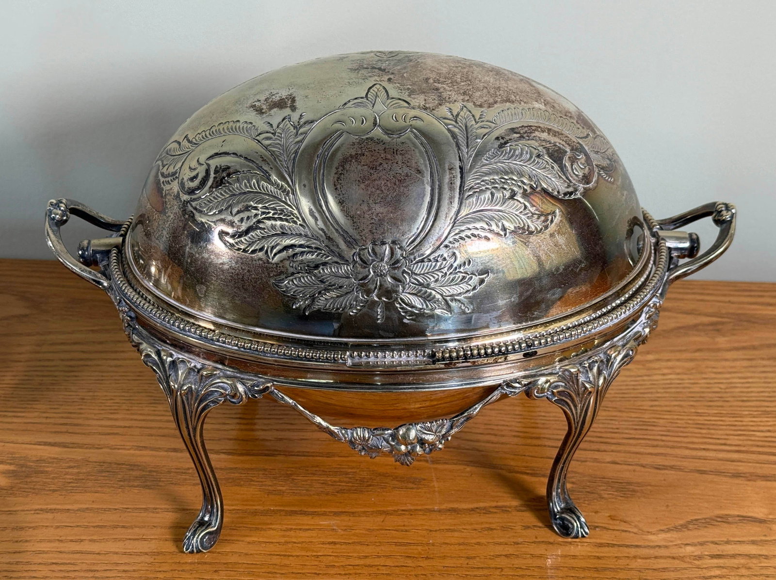 Antique Silver Plated Domed Roll Top Serving Dish W/ Pierced Insert - 11
