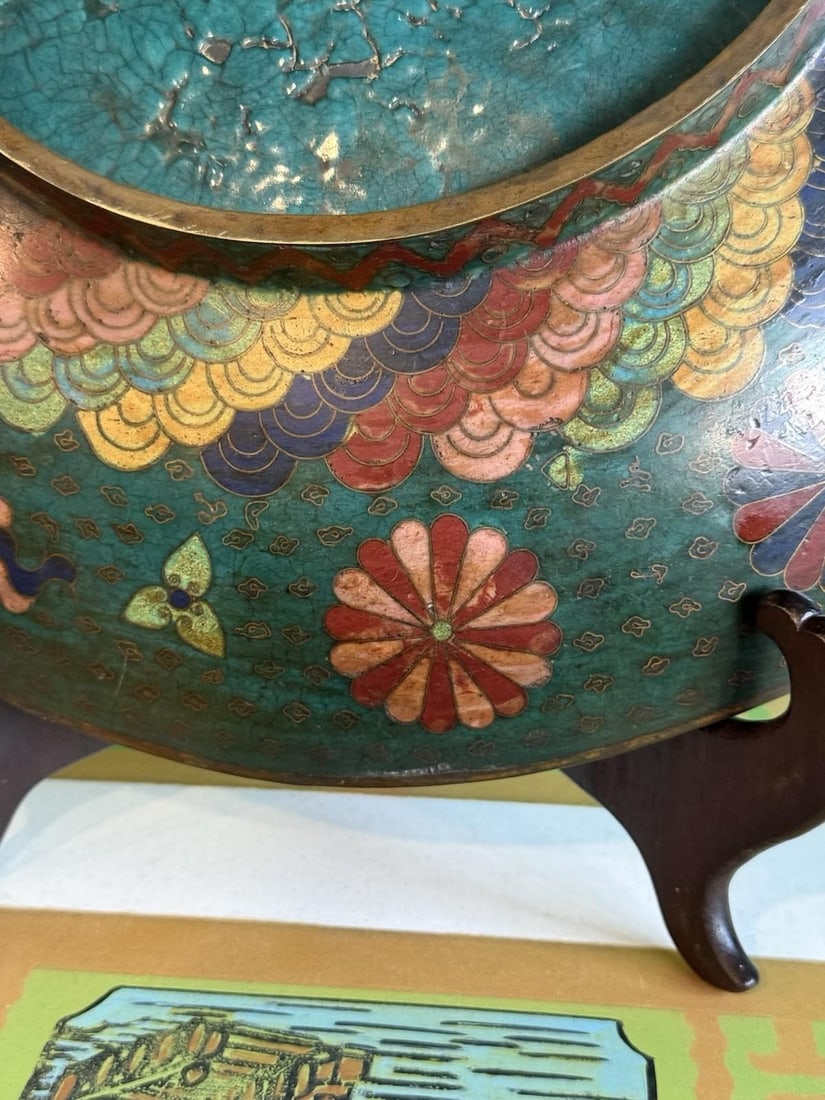Meiji Japanese Cloisonne Charger Urashima Taro Riding the Sea Bream Mythological - 10