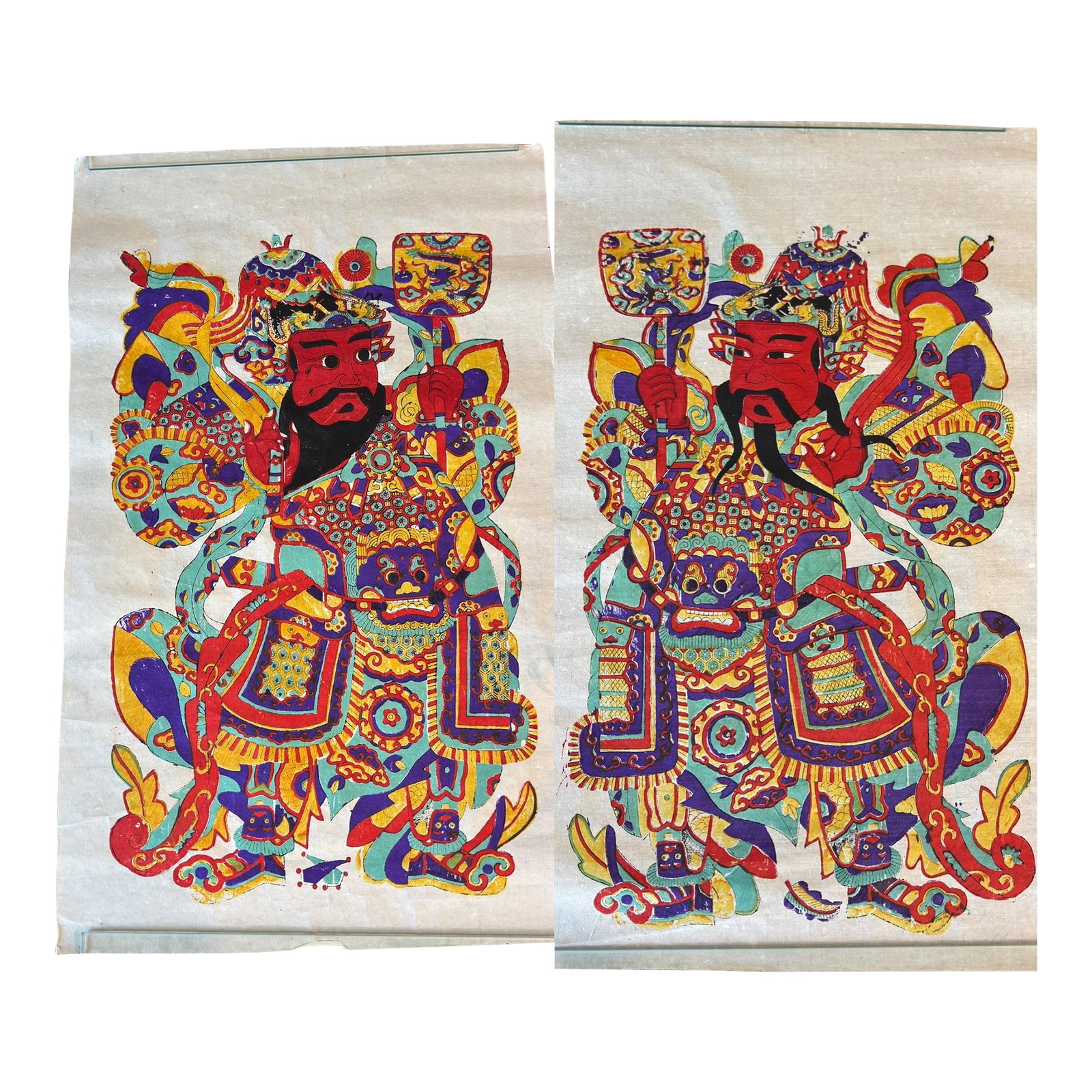 1980s Chinese Nianhua Wood Block Print Door Gods, Shentu & Yulei. Set of Two.: Shentu and Yulei Door Gods. Rare Find Set of Wood Block Prints. Vibrant colors on this pair of Chinese wood block prints. Hand made paints as well as the rice paper it's on. A pair of military door