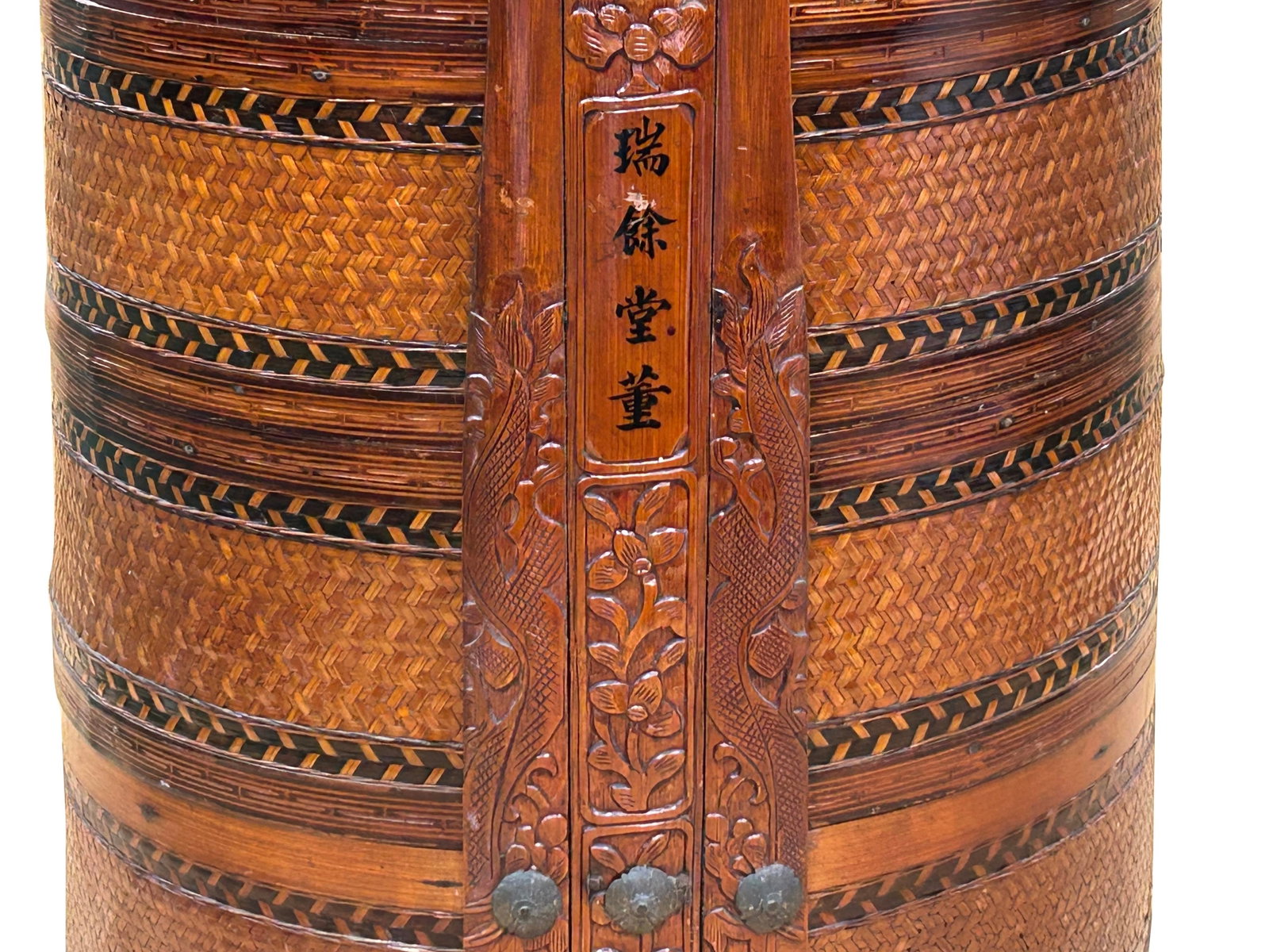 Vintage Oriental Handmade Brown Rattan Stack Basket With Handle - 11