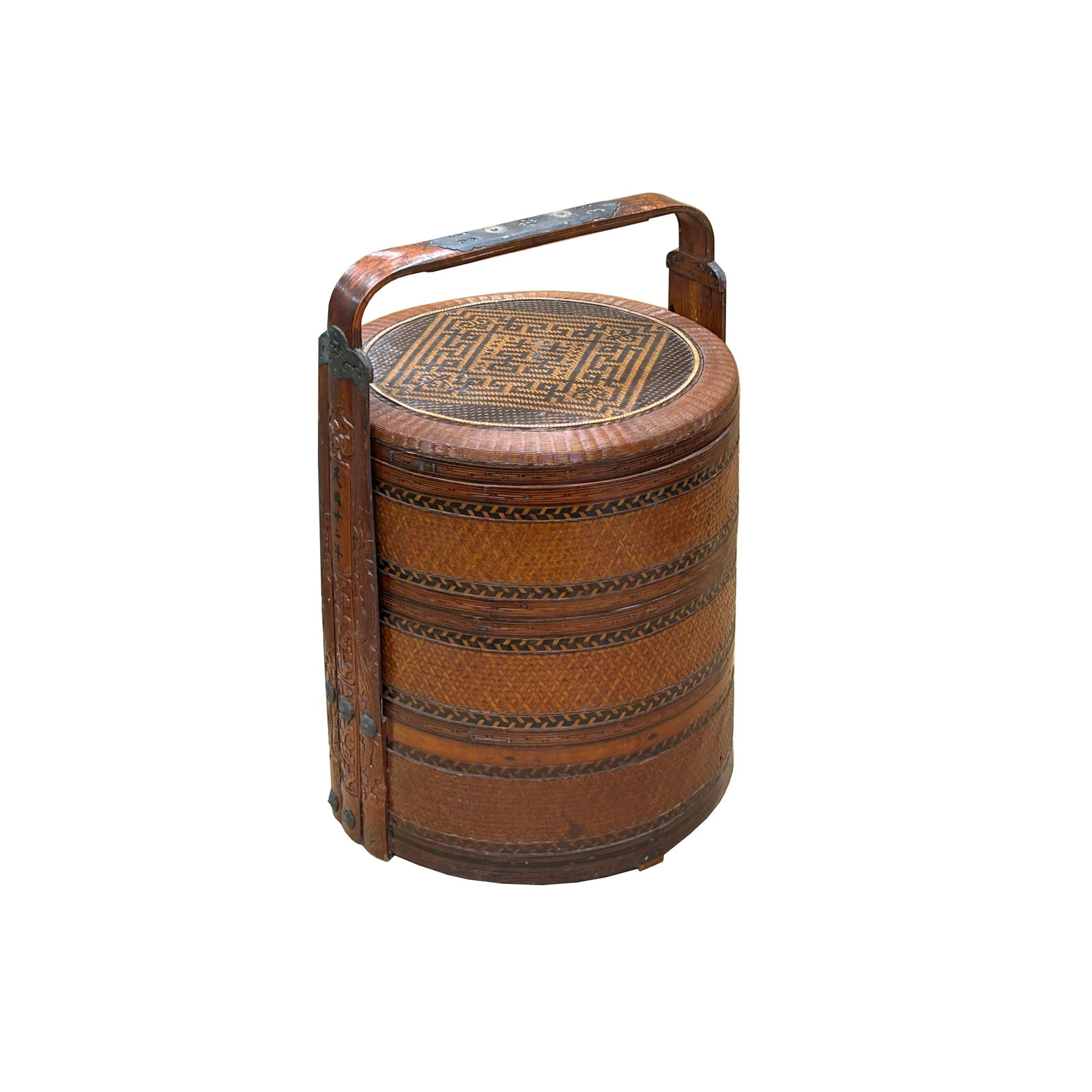 Vintage Oriental Handmade Brown Rattan Stack Basket With Handle - 4