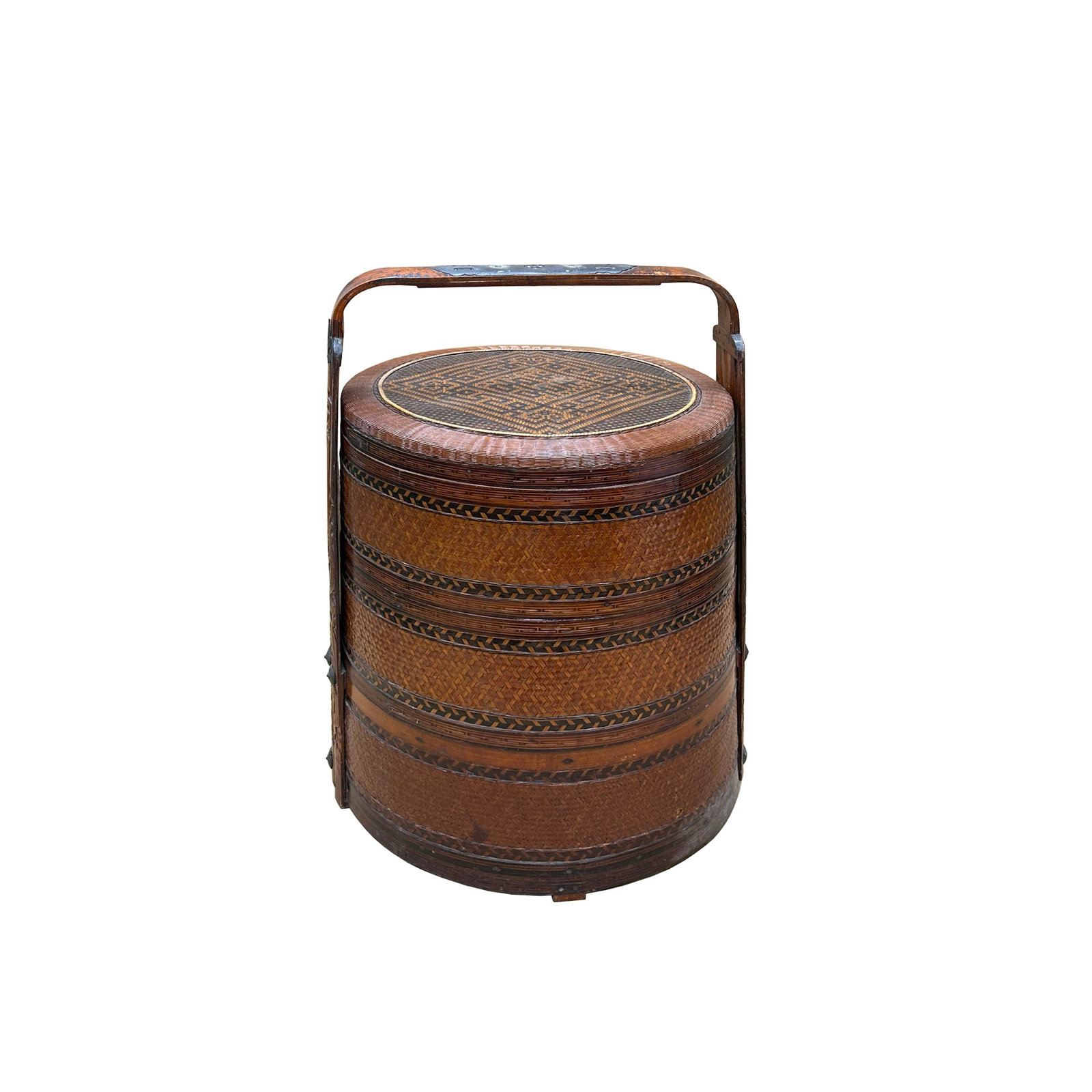 Vintage Oriental Handmade Brown Rattan Stack Basket With Handle - 6
