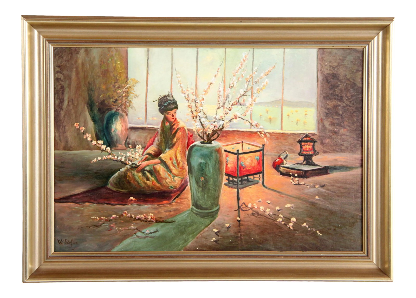 Vintage Oil on Canvas Painting Japanese Woman With Cherry Blossom Tree: Absolutely fabulous vintage c.1950's oil on canvas painting depicting a lovely Japanese woman sitting on the floor with a traditional lantern and a cherry blossom tree. Shoji screens in the