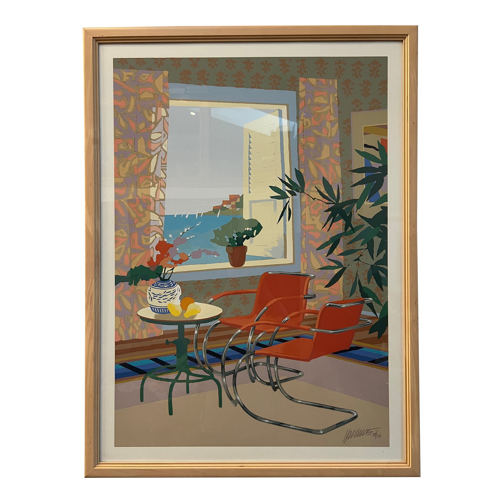 Max Hayslette Signed Vintage Serigraph "Interior With Mies" – Modernist Interior With Mies Cha: Max Hayslette Signed Vintage Serigraph "Interior with Mies" – Modernist Interior with Mies Chairs & Ocean View This rare, original vintage serigraph by internationally recognized artist Max
