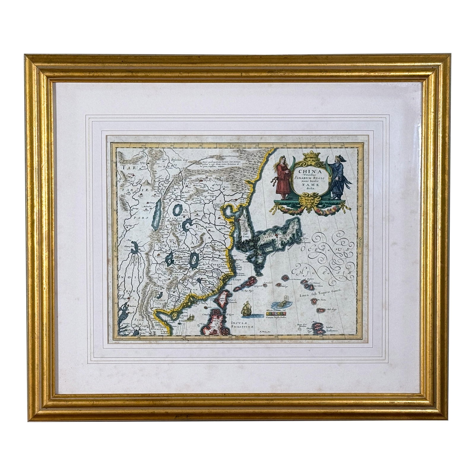 c.1650's Antique Hand Colored Map of China - Framed: 17th-century engraved map of China and surrounding regions as understood by European cartographers in the mid-1600s. Rendered with finely detailed provincial divisions, early coastal geography, and
