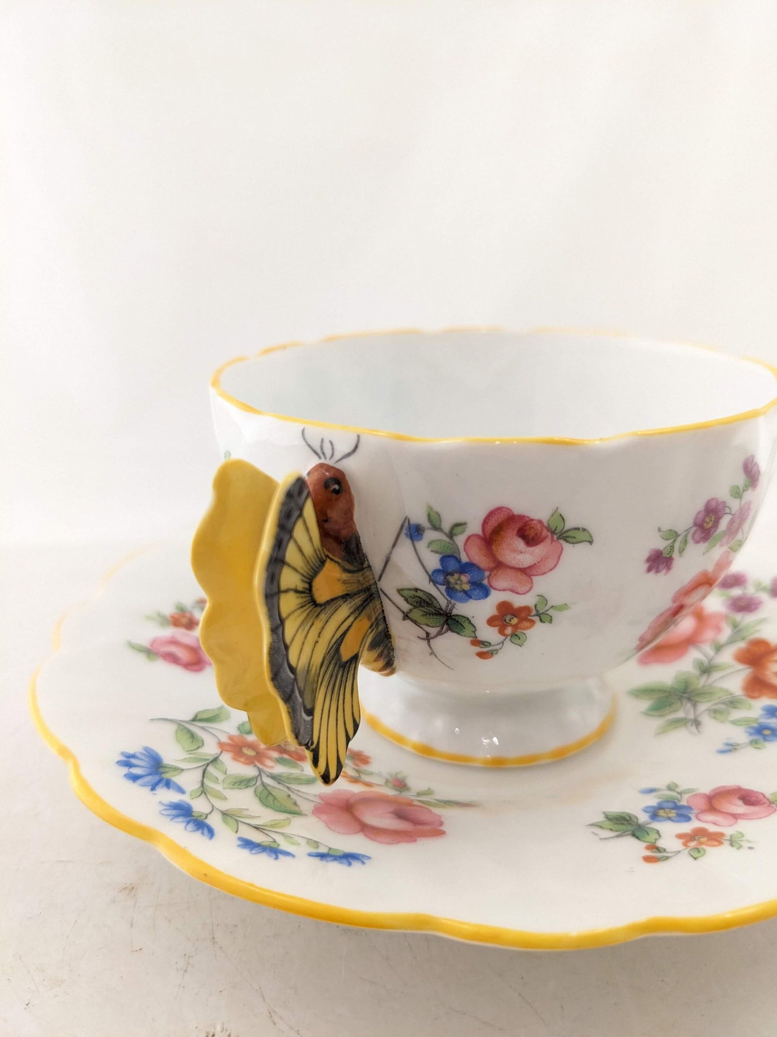 Rare Vintage Aynsley Teacup and Saucer With Yellow Butterfly Handle - 3