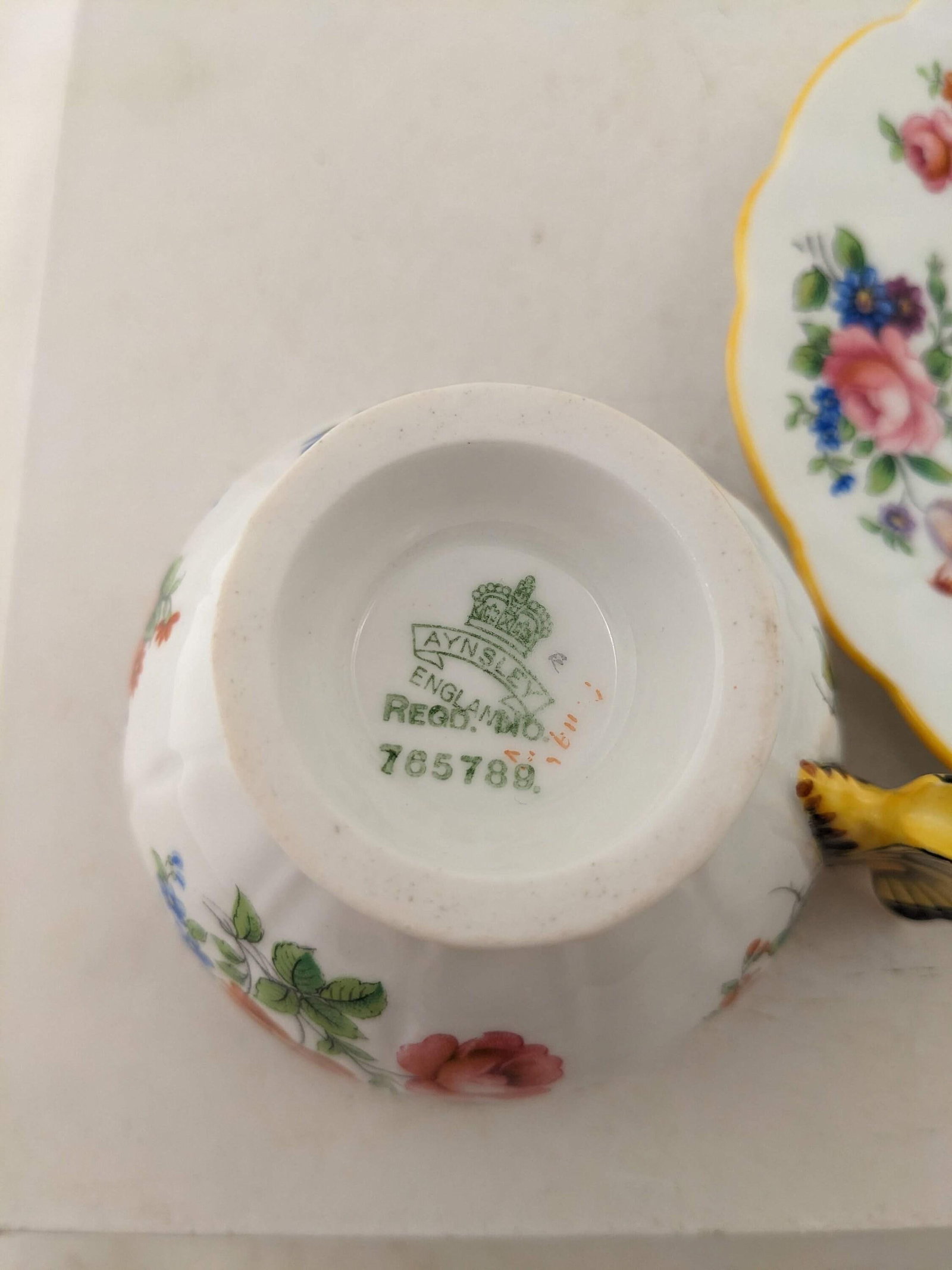 Rare Vintage Aynsley Teacup and Saucer With Yellow Butterfly Handle - 6