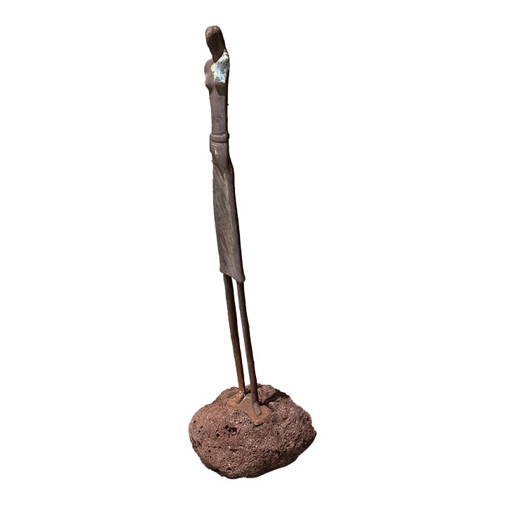 Mid Century Bronze Sculpture of a Standing Figure Tette De Femme: For your consideration, a Mid Century Bronze Sculpture of a standing figure "Tette De Femme" set on a natural stone base. The sculpture features an elongated, abstract form. It has a distressed,