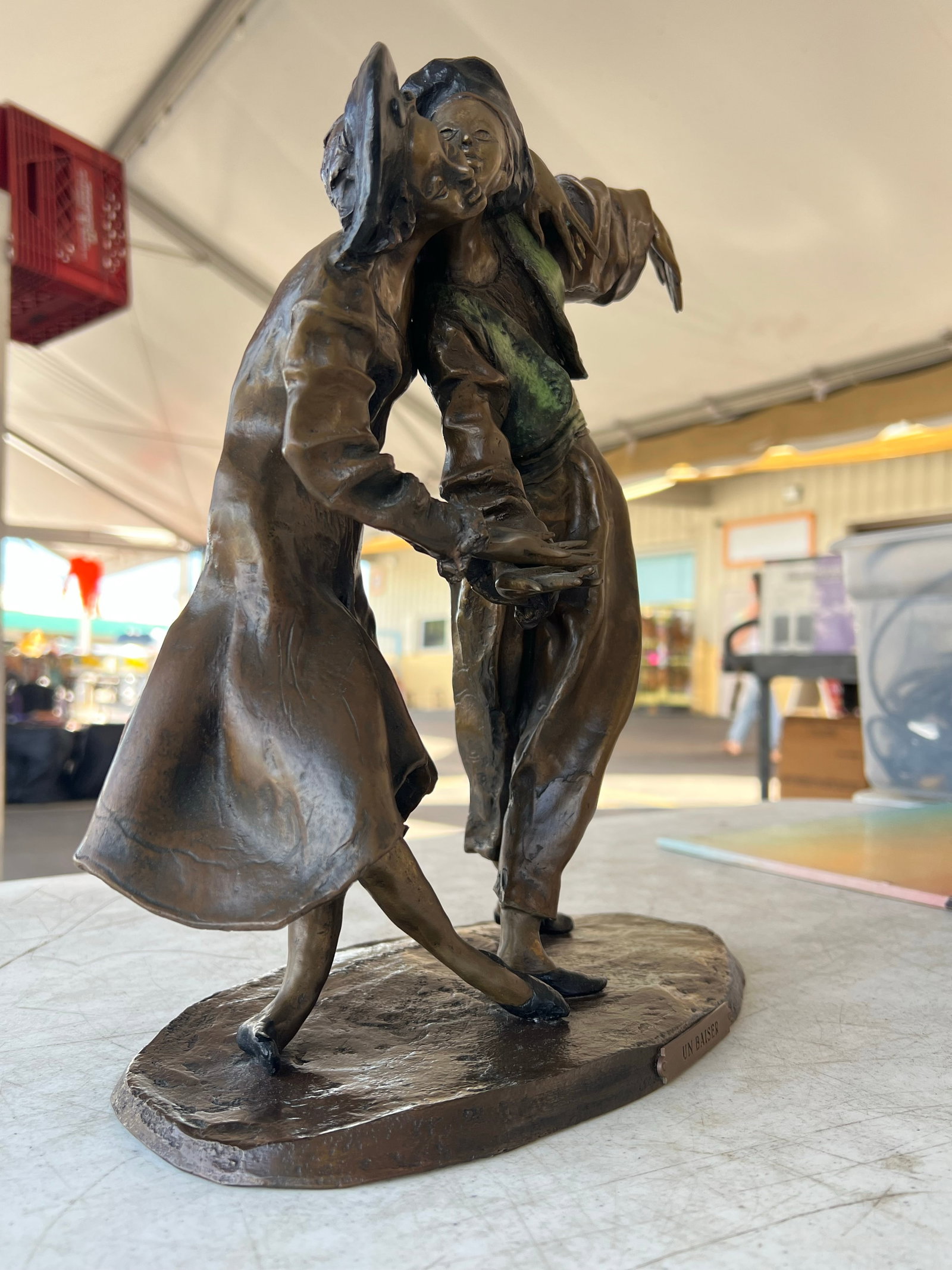 Vintage French Lost Wax Bronze Sculpture of a couple. Titled "A Kiss" (Un Baiser). - 2