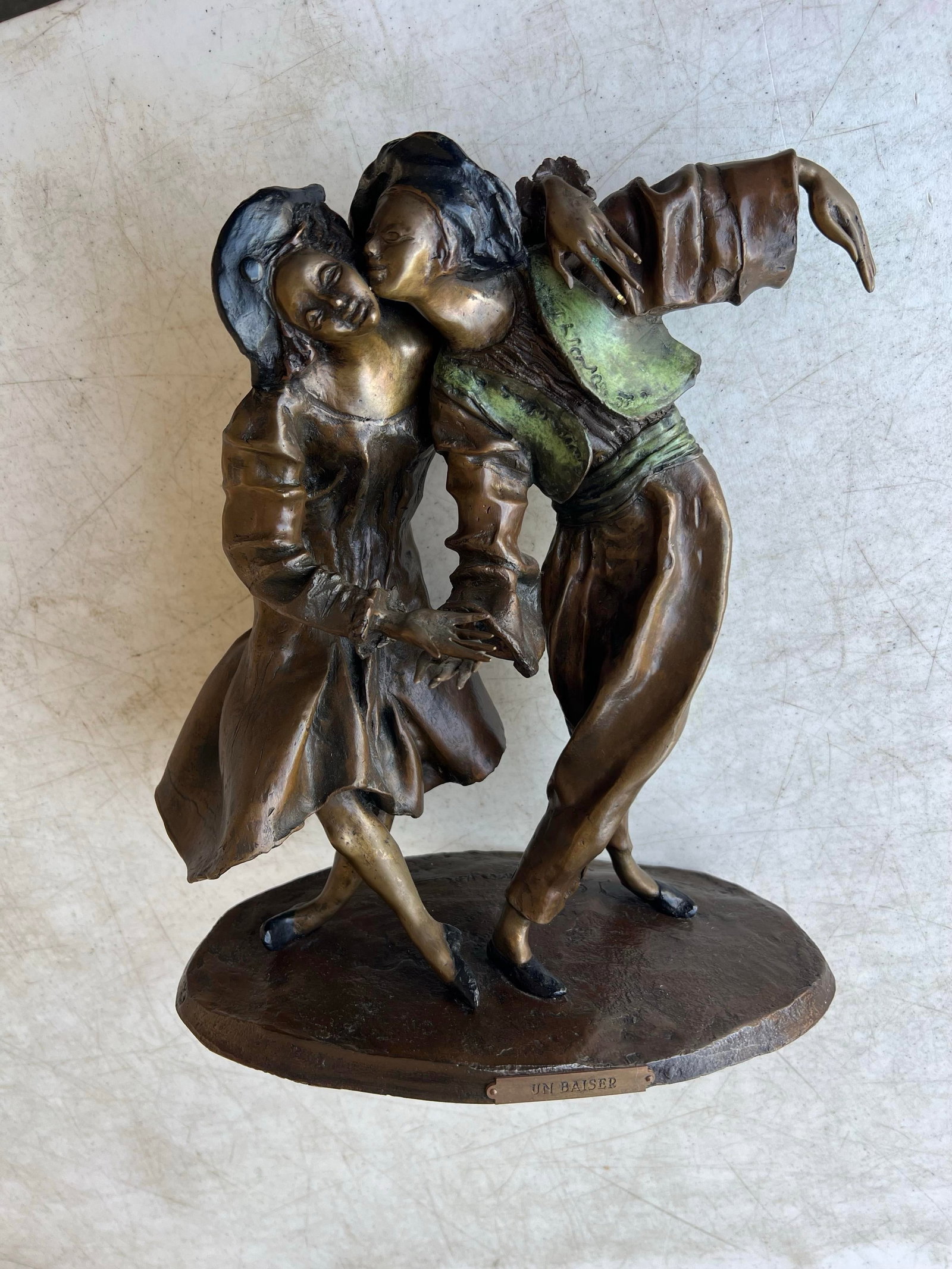 Vintage French Lost Wax Bronze Sculpture of a couple. Titled "A Kiss" (Un Baiser). - 3