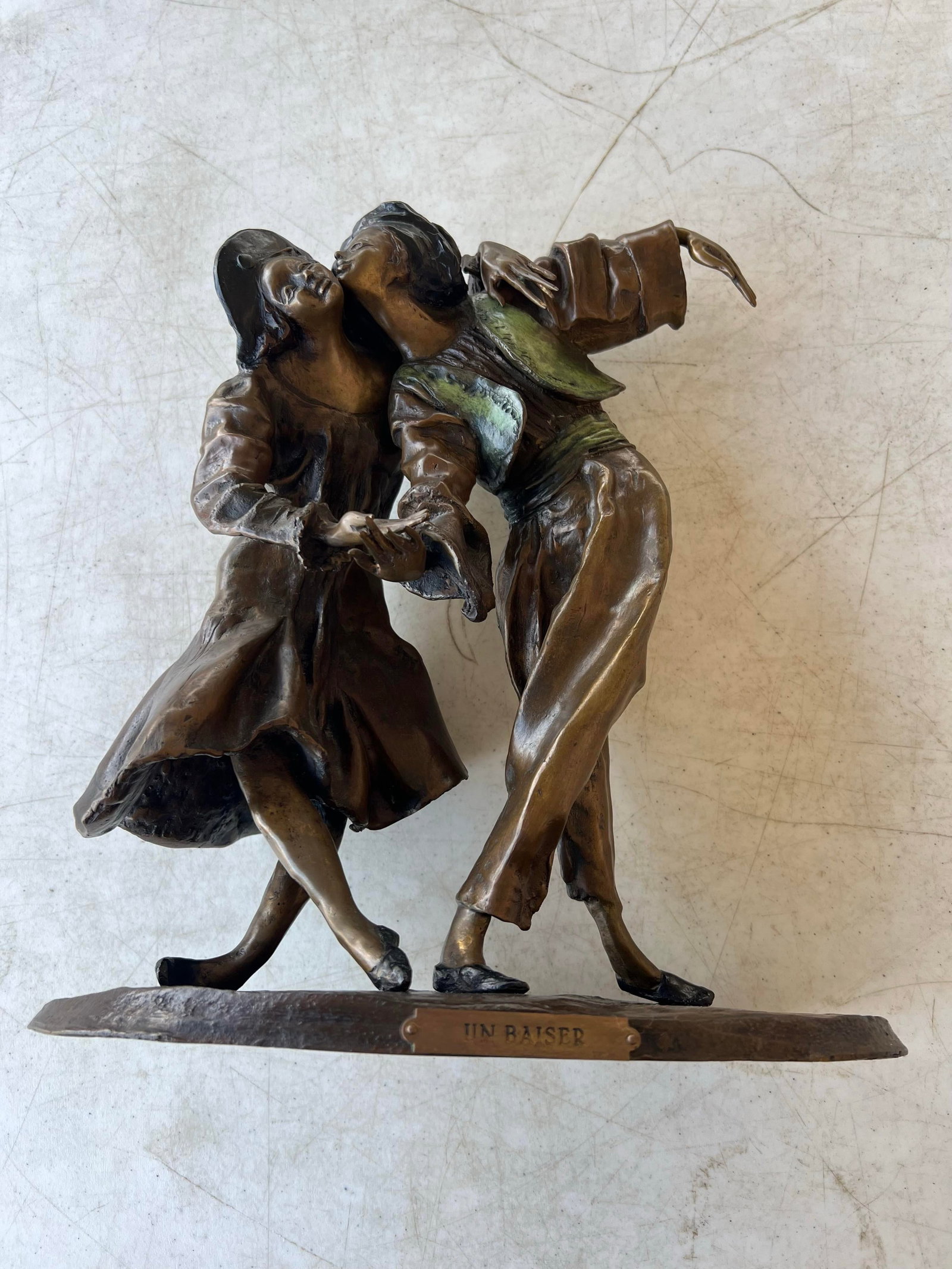 Vintage French Lost Wax Bronze Sculpture of a couple. Titled "A Kiss" (Un Baiser). - 5