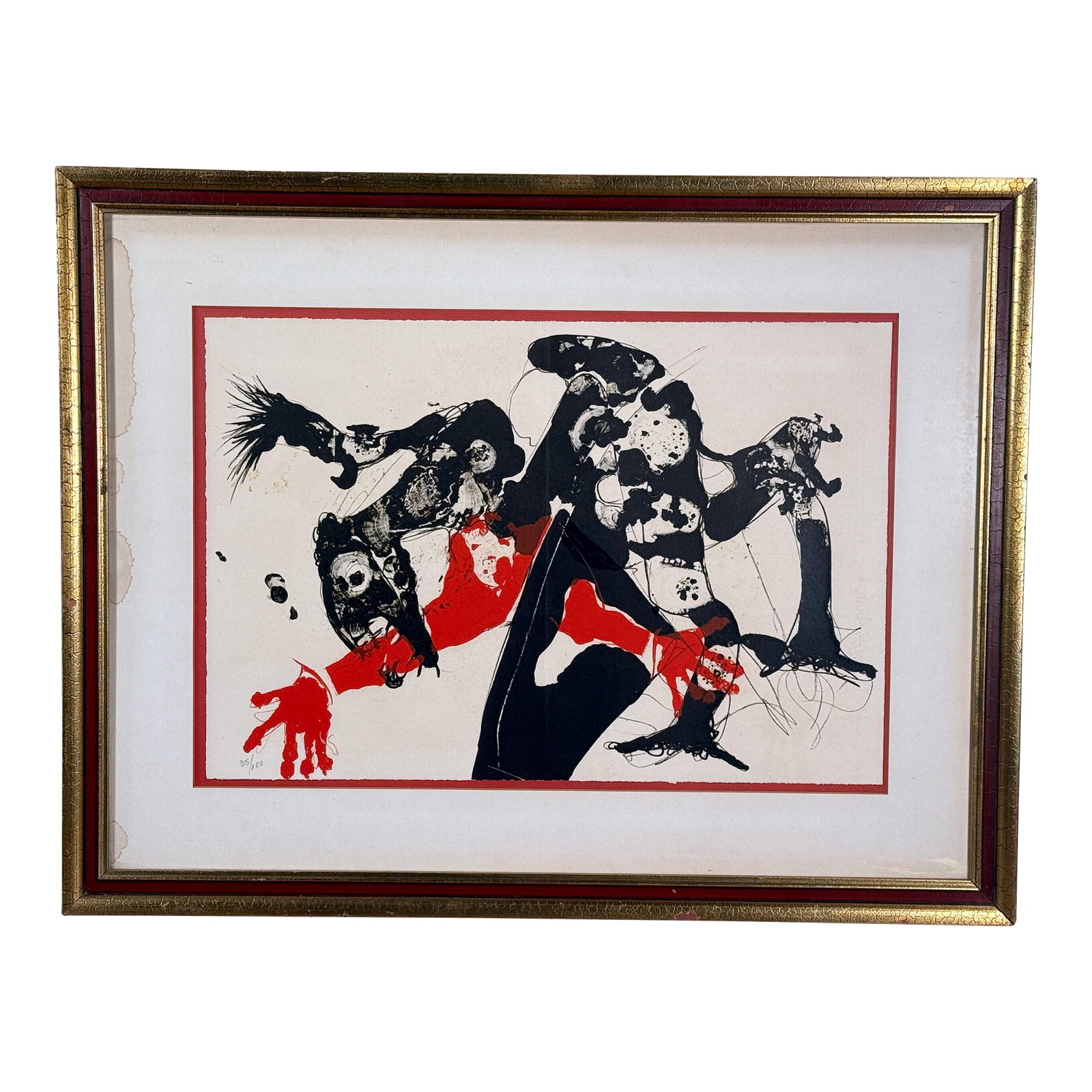 Mid Century Abstract Expressionist Paul Rebeyrolle Lithograph Limited Edition 35 of 50: This original limited-edition lithograph by French modernist Paul Rebeyrolle presents a powerful abstract expressionist composition rendered in aggressive black forms, gestural linework, and bold red 