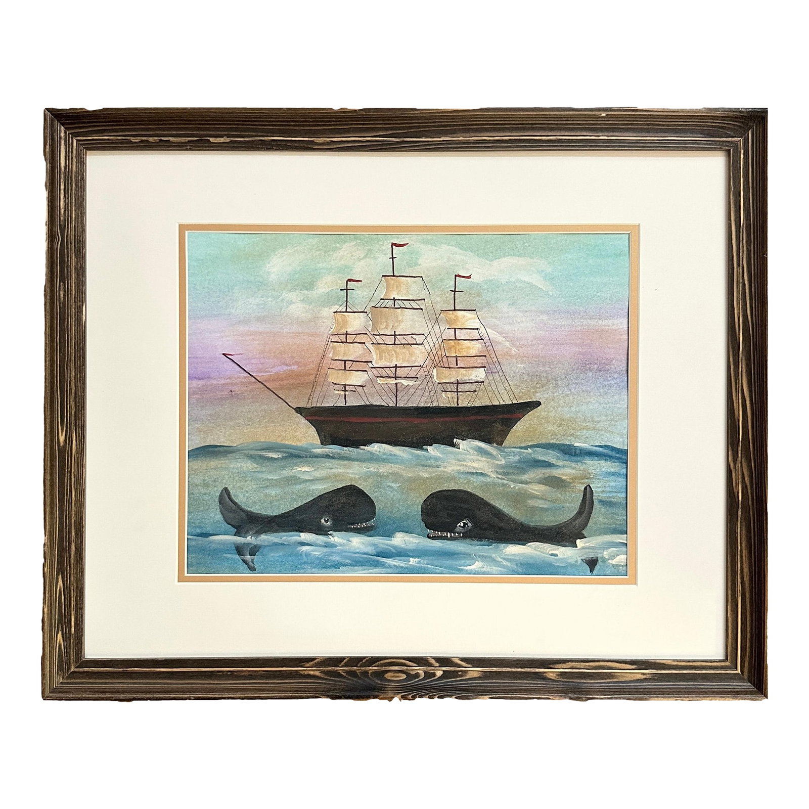 Folk Art Clipper Ship and Whales Watercolor: Folk art watercolor by a local New England artist in Maine, depicting a clipper ship at sea with two whimsical whales surfacing in the foreground. Vibrant color and playful detail create a spirited