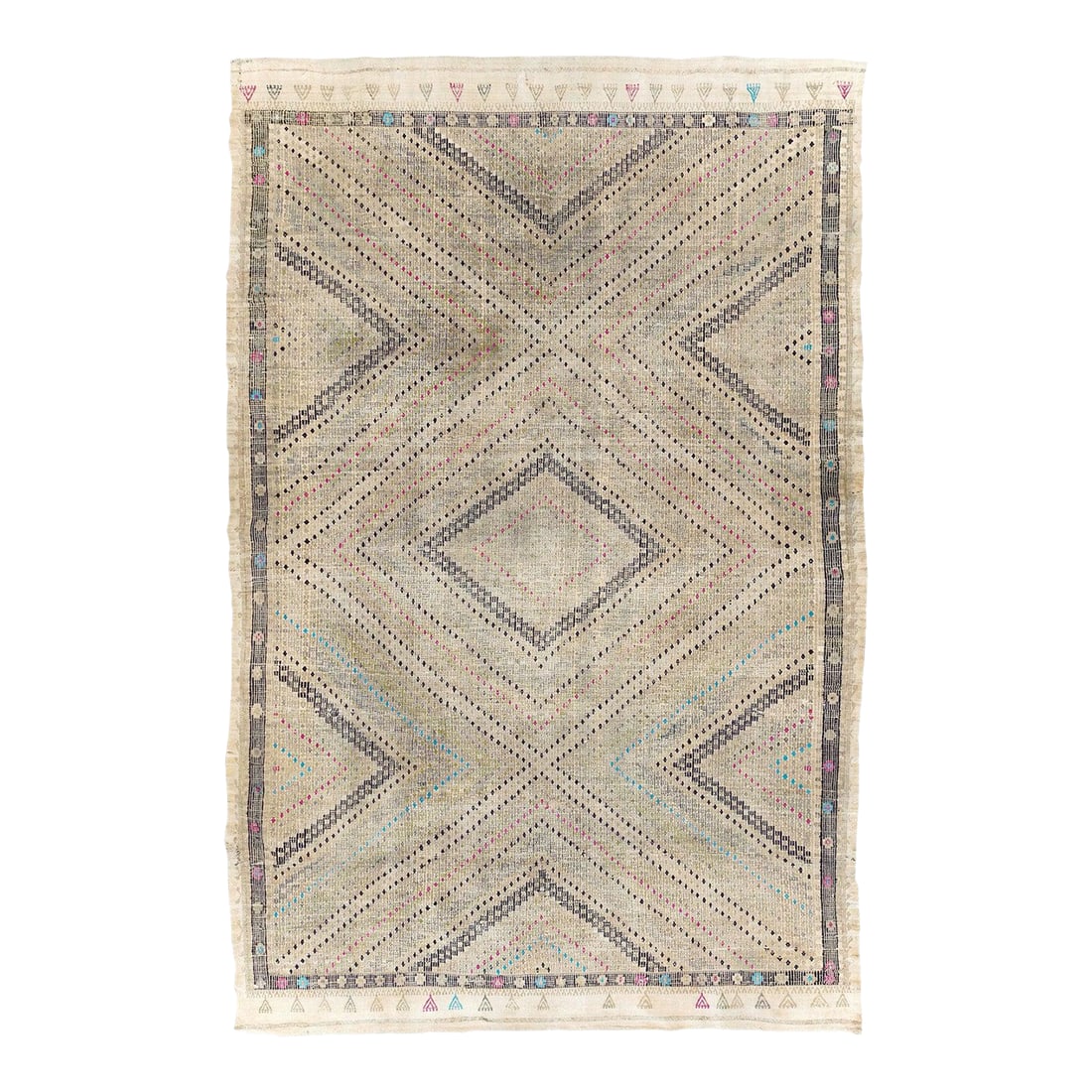 Mid-20th Century Handmade Turkish Flatweave Small Room Size Carpet: A vintage Turkish flat-weave Kilim small room size carpet handmade during the mid-20th century. Measures: 7' 2" x 11' 1". Condition: Alterations: Original Condition Unaltered Imperfections: Some