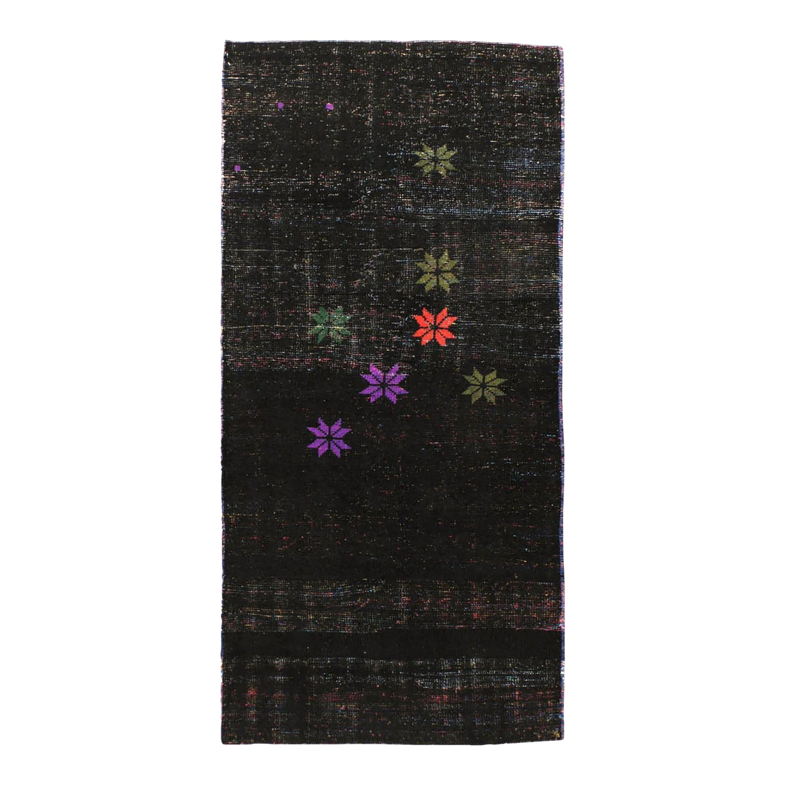 Galerie Shabab Collection Mid-20th Century Turkish Anatolian Throw Rug: This mid-20th century Turkish Anatolian rug, measuring 2' 10" x 5' 9", presents a striking minimalist composition with a deep, charcoal-black field subtly flecked with multicolored threads, creating